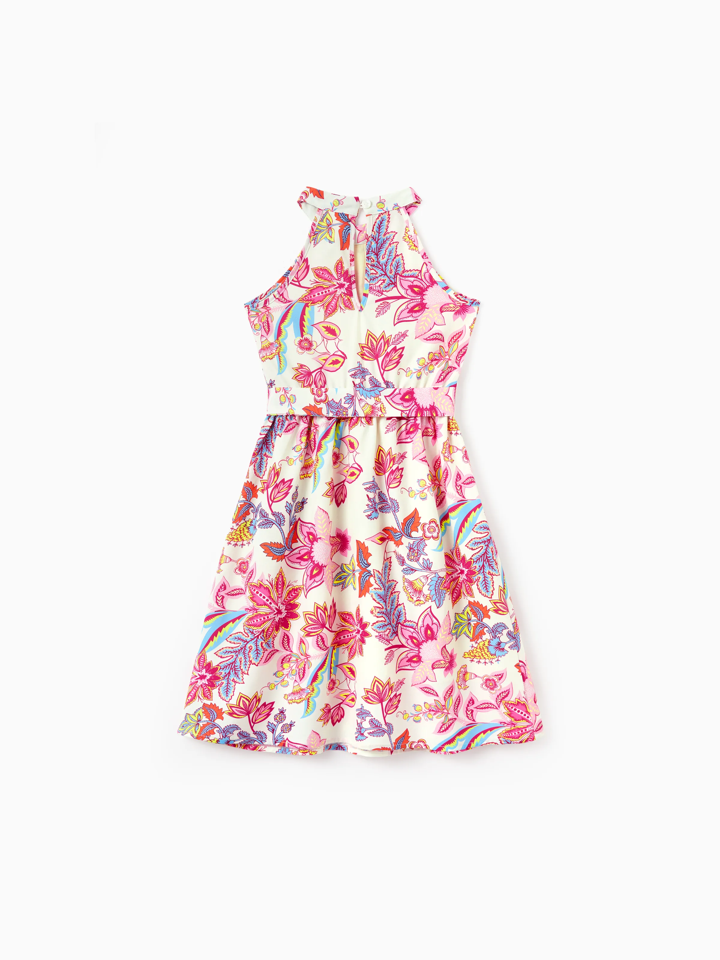 Toddler/Kid Girl Tropical Flora Print Halter Belted Dress for Summer Vacation Beige