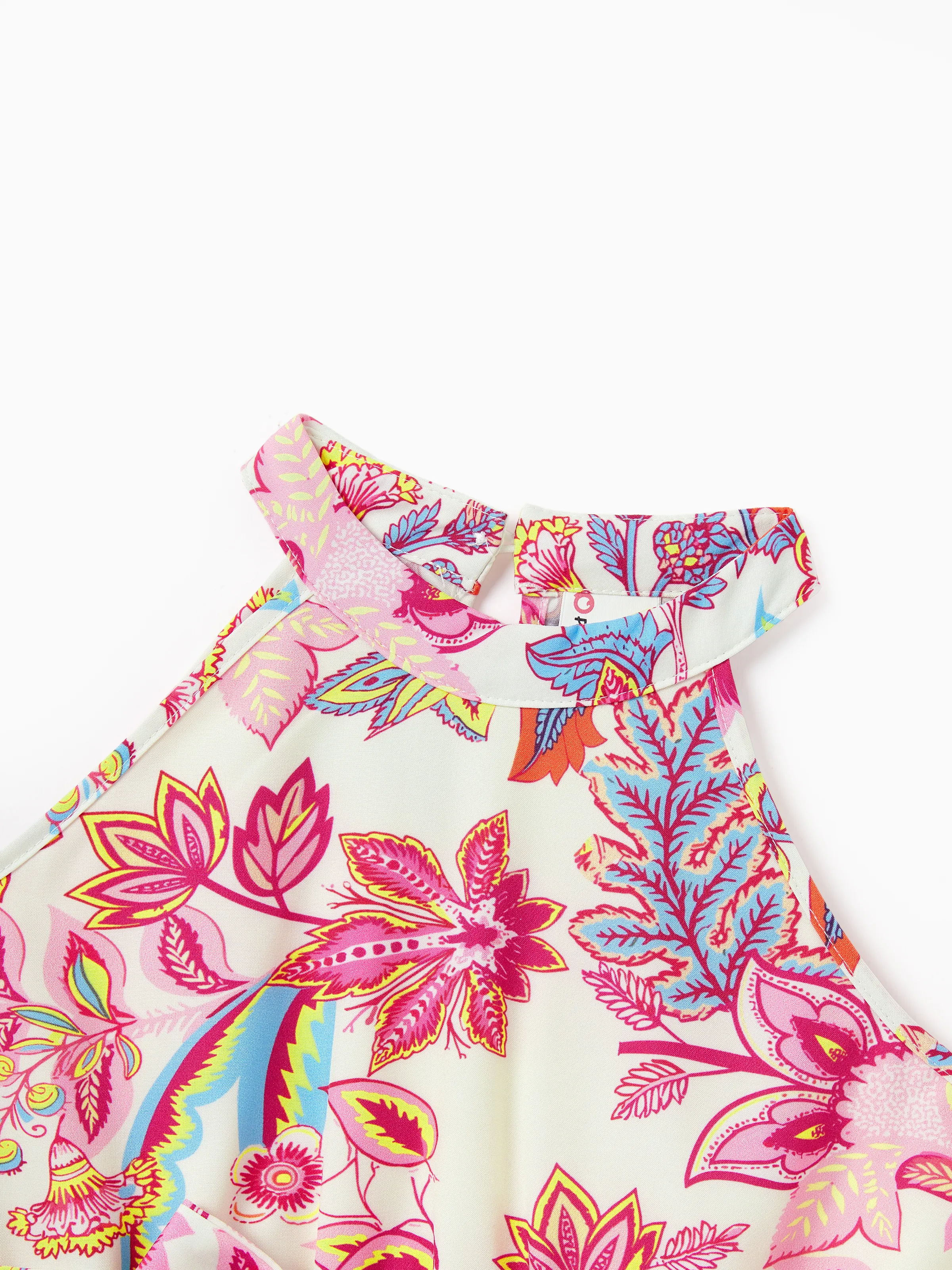 Toddler/Kid Girl Tropical Flora Print Halter Belted Dress for Summer Vacation Beige