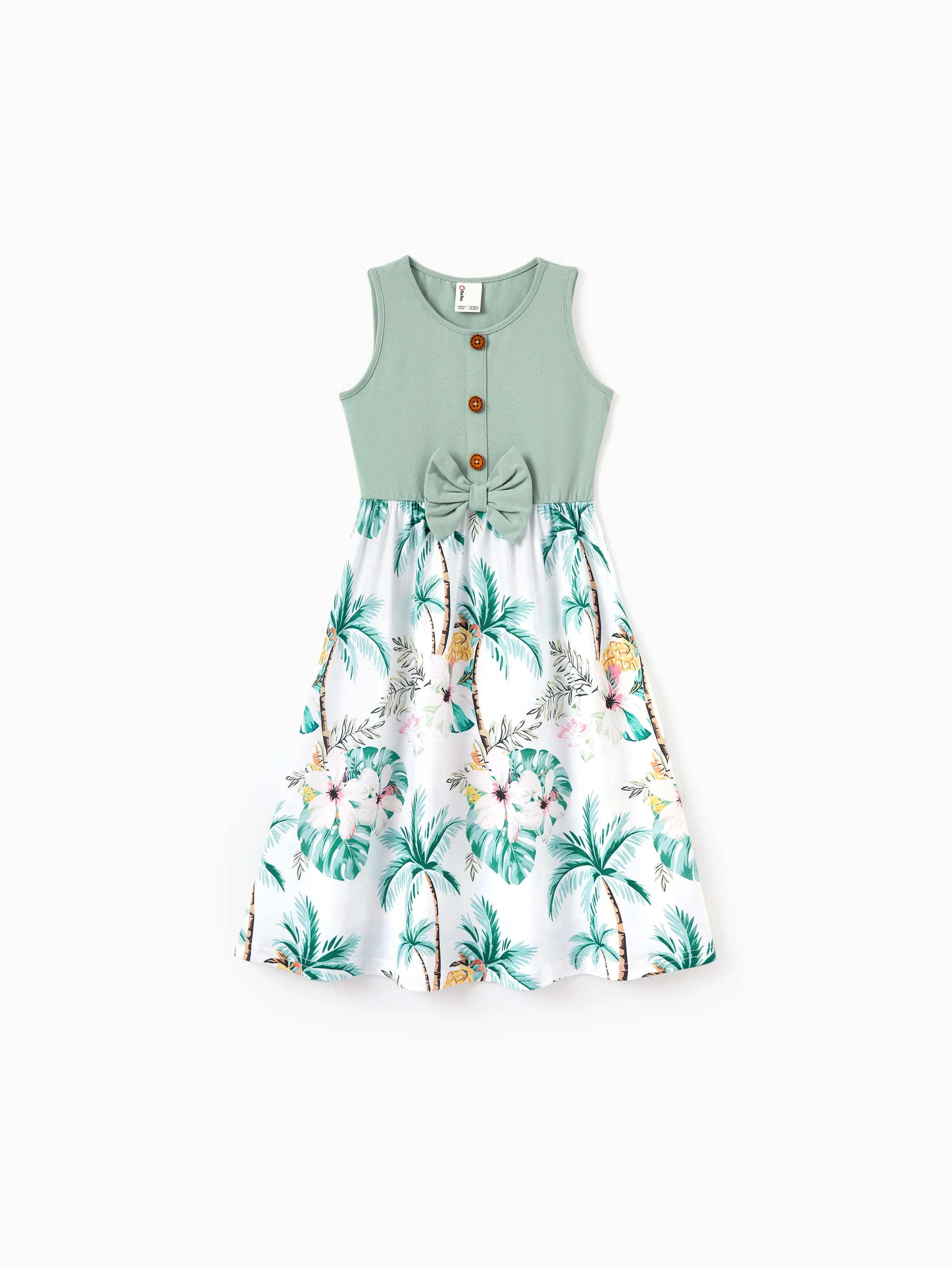 Toddler/Kid Girl Tropical Print Tank Bowknot Dress Green