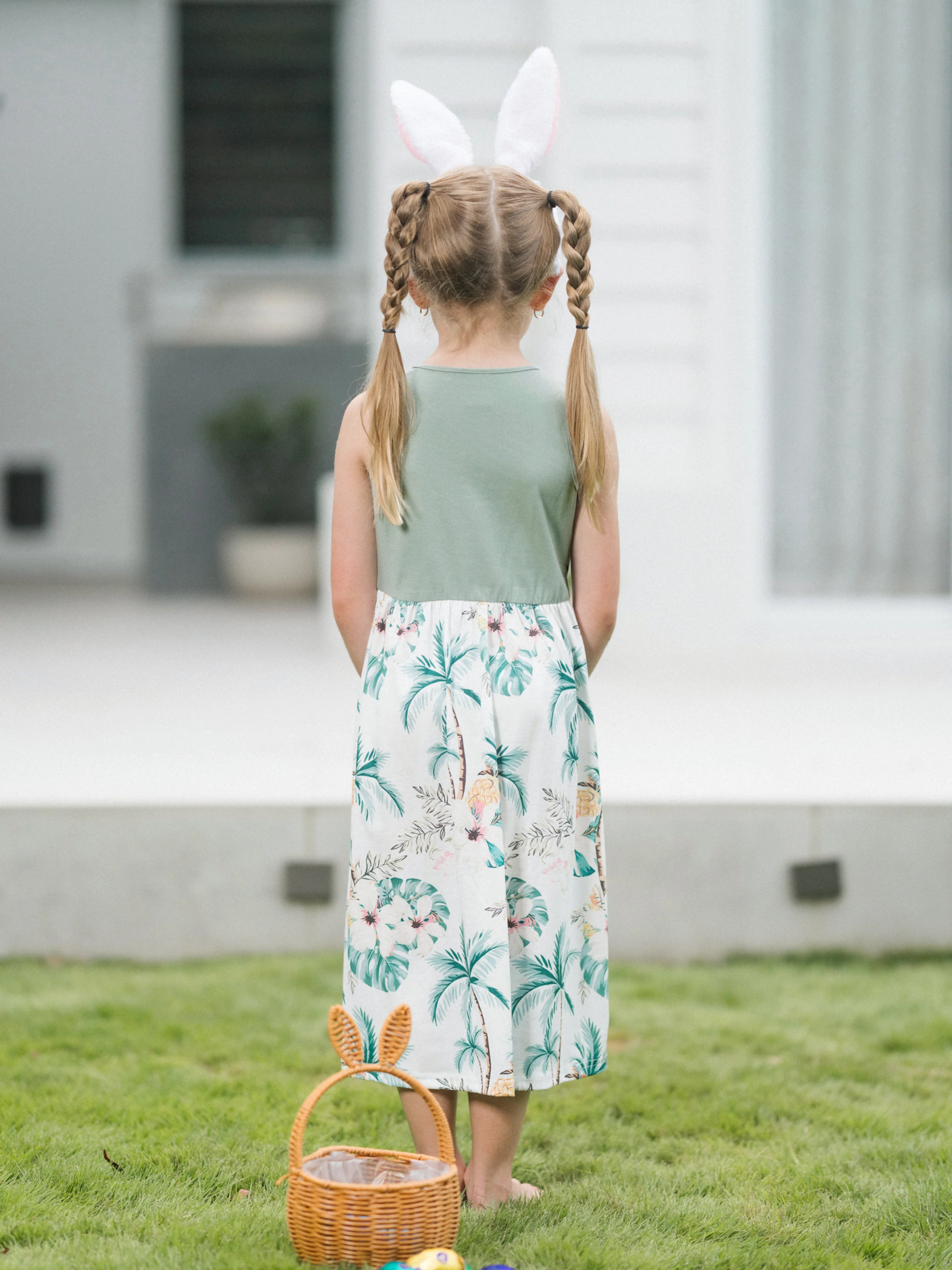 Toddler/Kid Girl Tropical Print Tank Bowknot Dress Green
