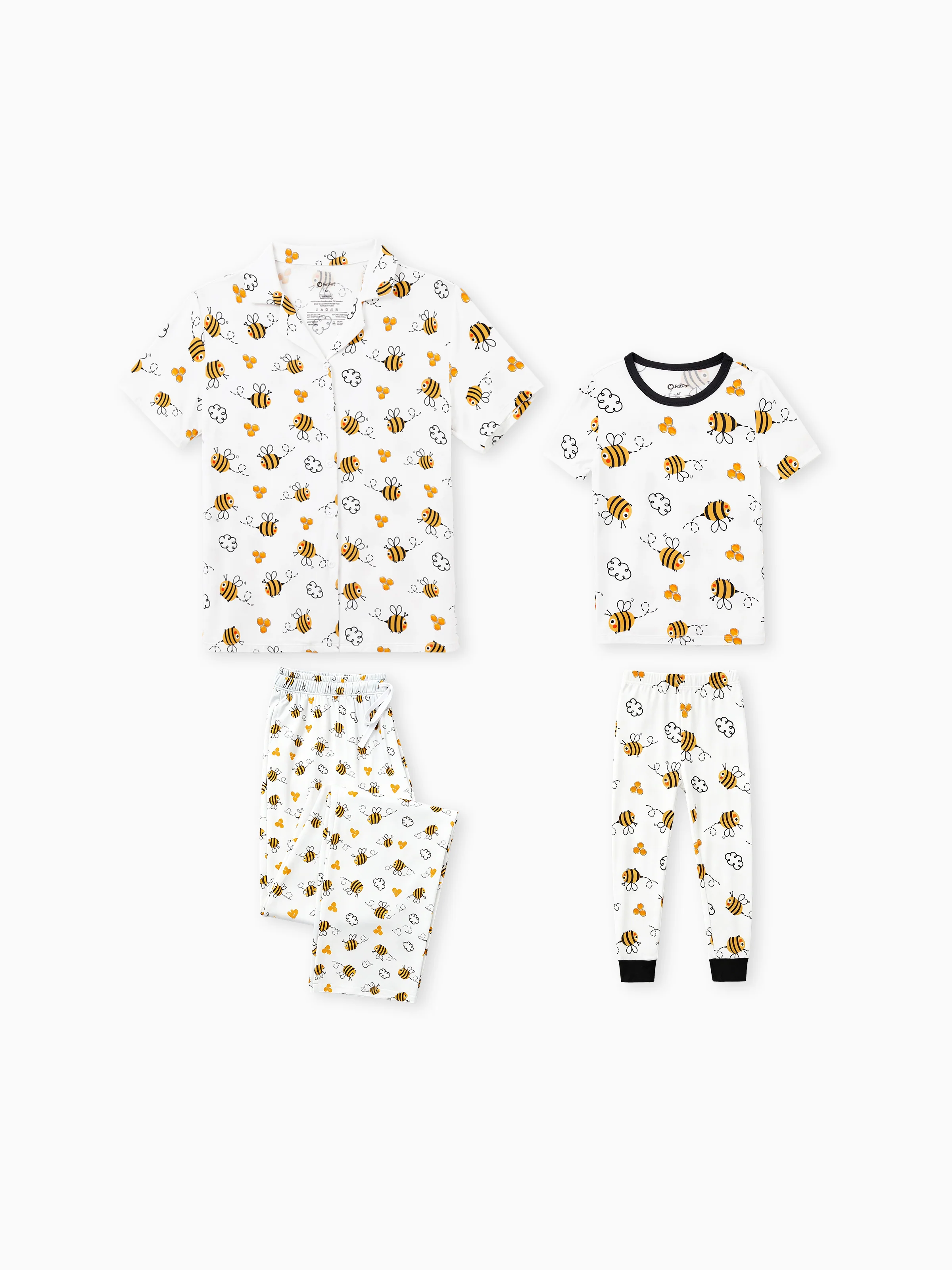 Daddy & Son Bamboo Pajamas Soft Bamboo Viscose PJs for Men Women Kids Toddler, Cute Bee Print Sleepwear with Short Sleeve Top and Long Pants White