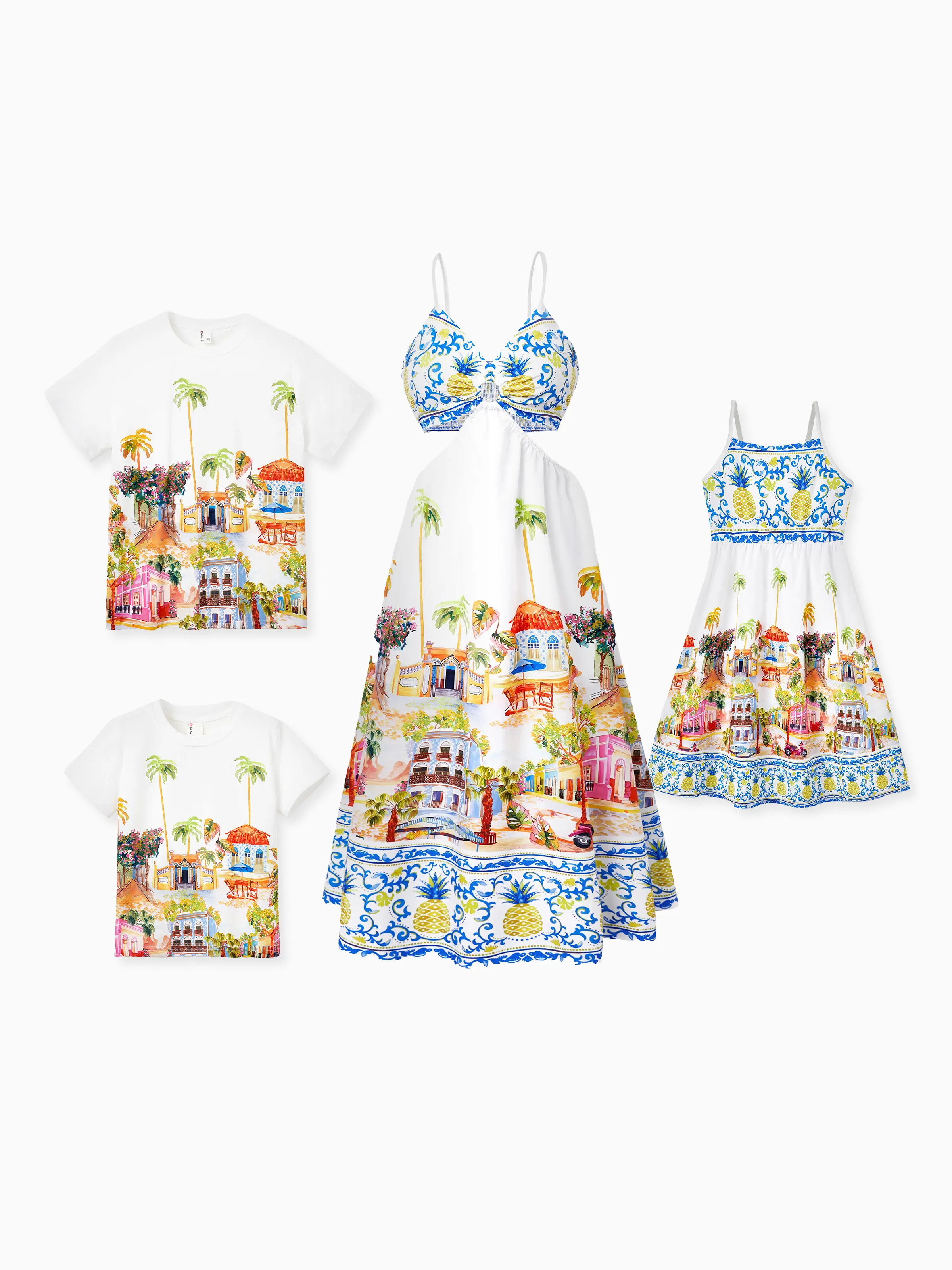 Toddler/Kid Girl Vacation Tropical Pineapple Coconut Tree Print Hollow out Strap Dress for Summer Vacation  White