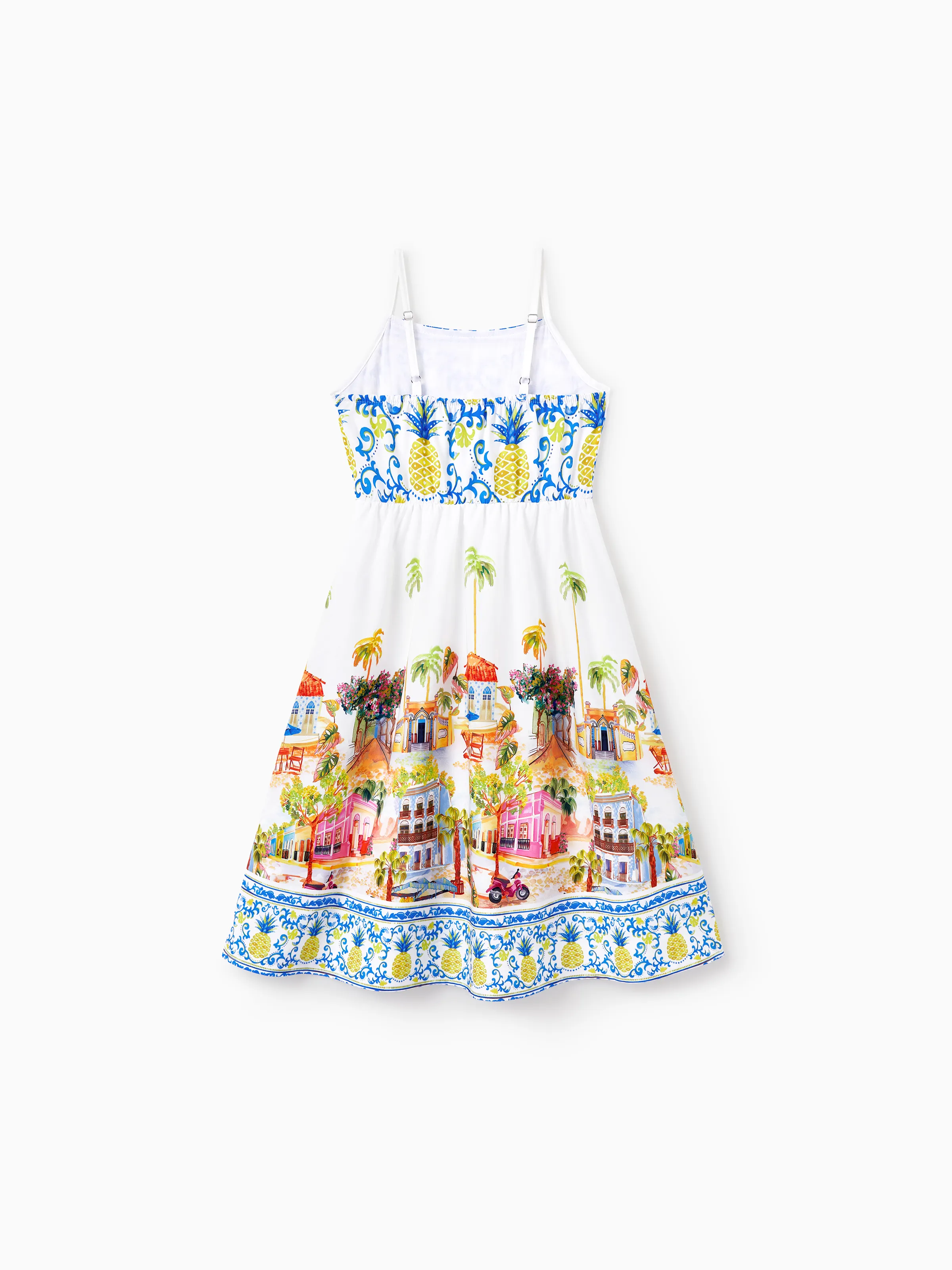 Toddler/Kid Girl Vacation Tropical Pineapple Coconut Tree Print Hollow out Strap Dress for Summer Vacation  White