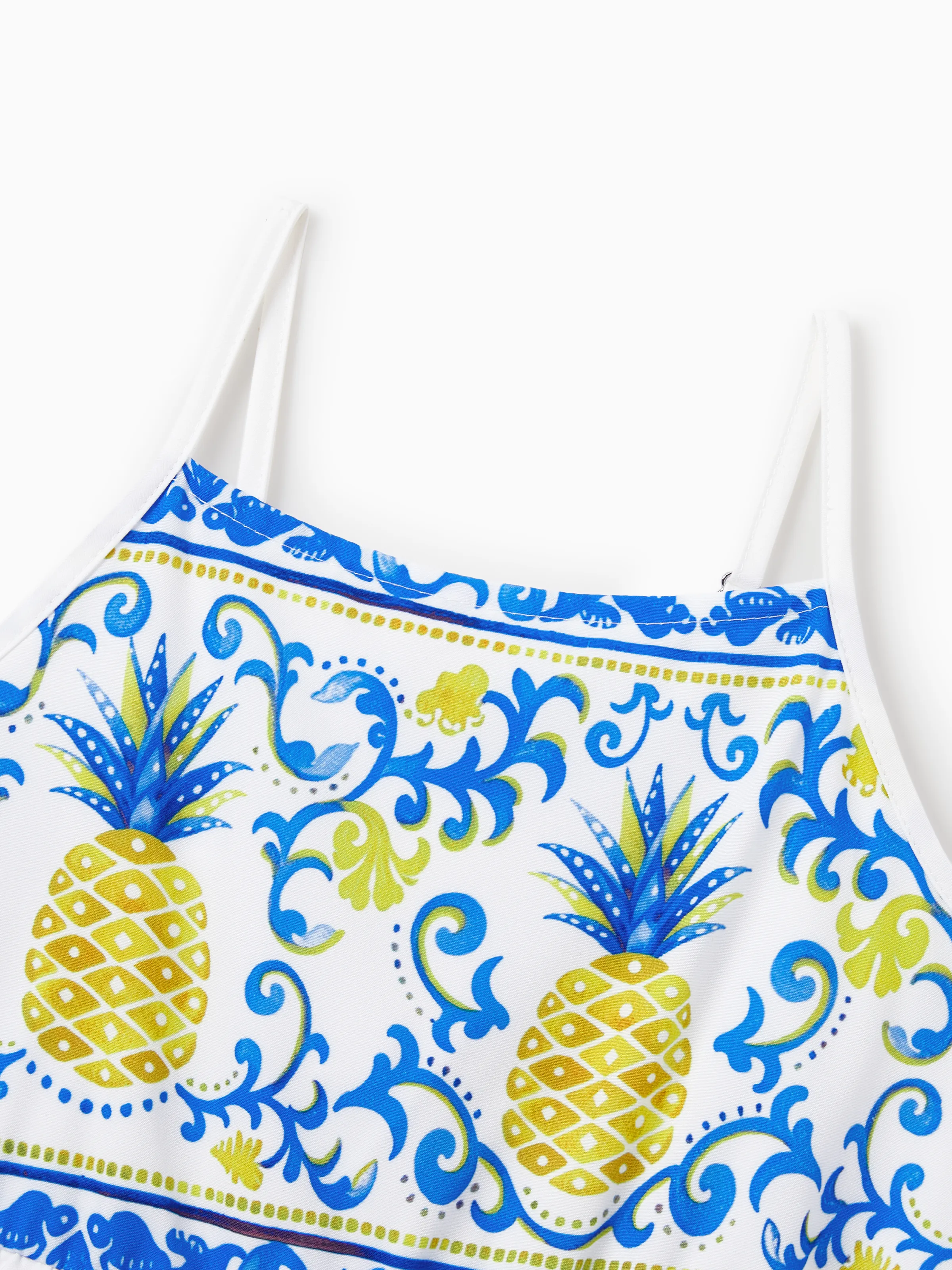 Toddler/Kid Girl Vacation Tropical Pineapple Coconut Tree Print Hollow out Strap Dress for Summer Vacation  White