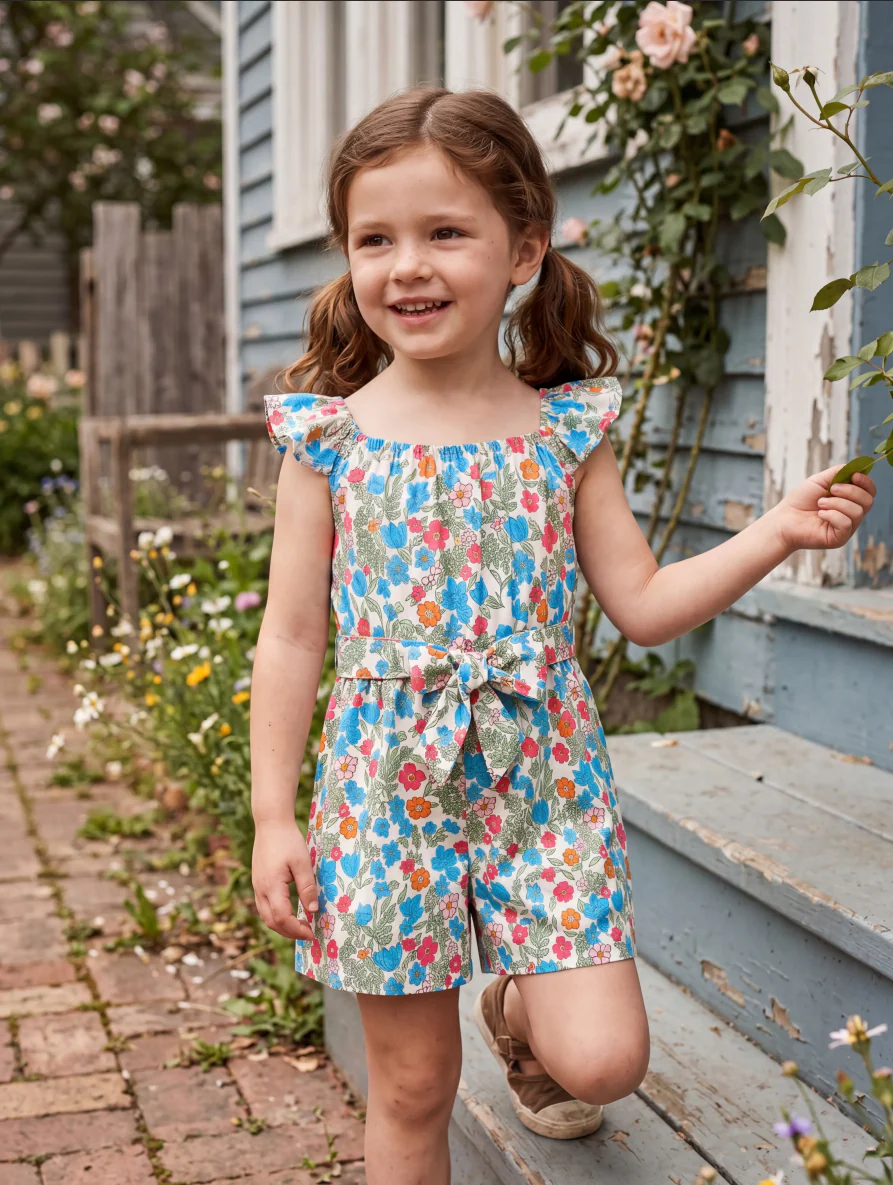 Fresh Market Toddler Girl Floral Bow Romper Blue