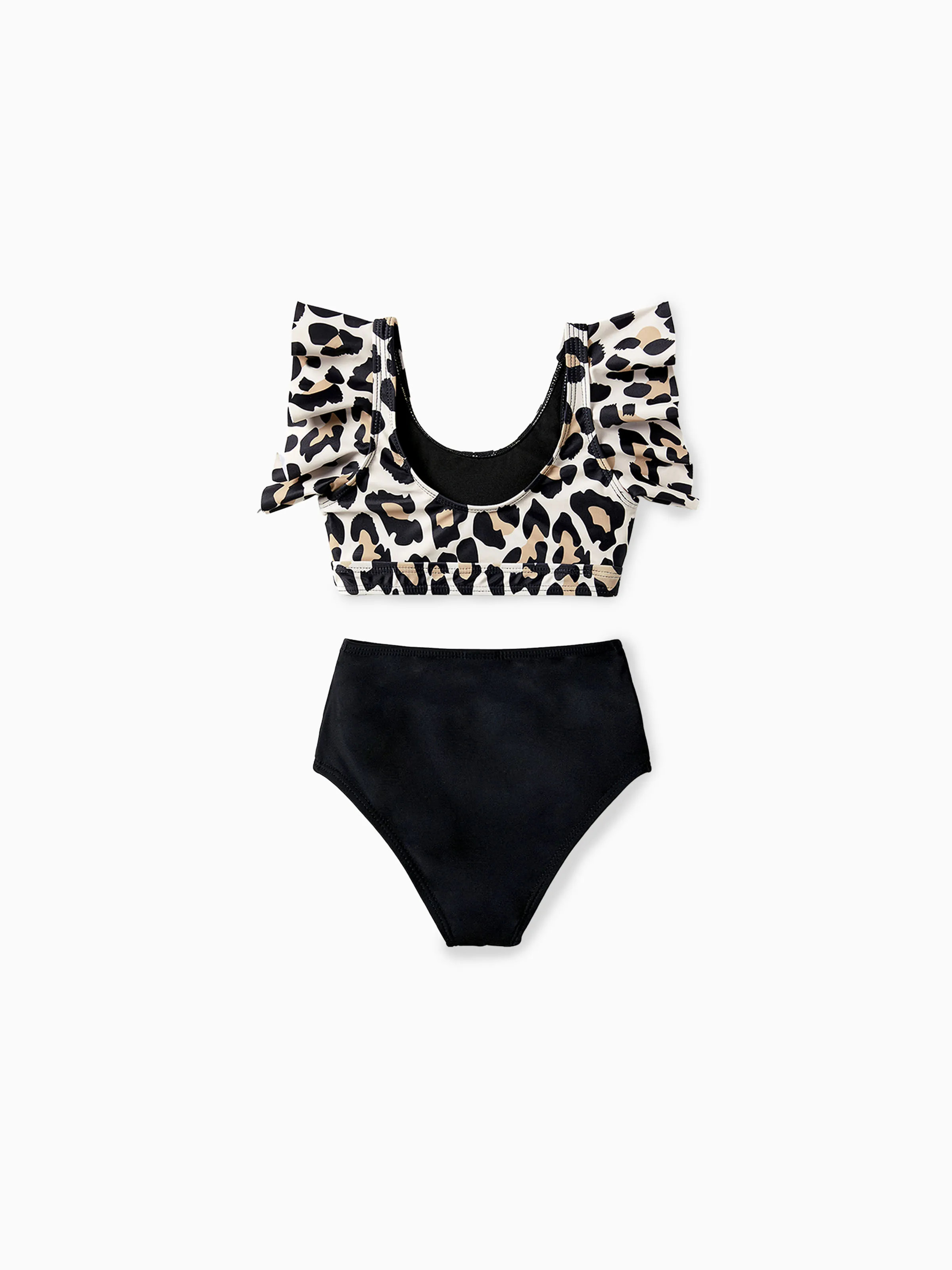 Toddler Girl Leopard Pattern Drawstring Ruffle Neck Two-Piece Bikini Skirt Black