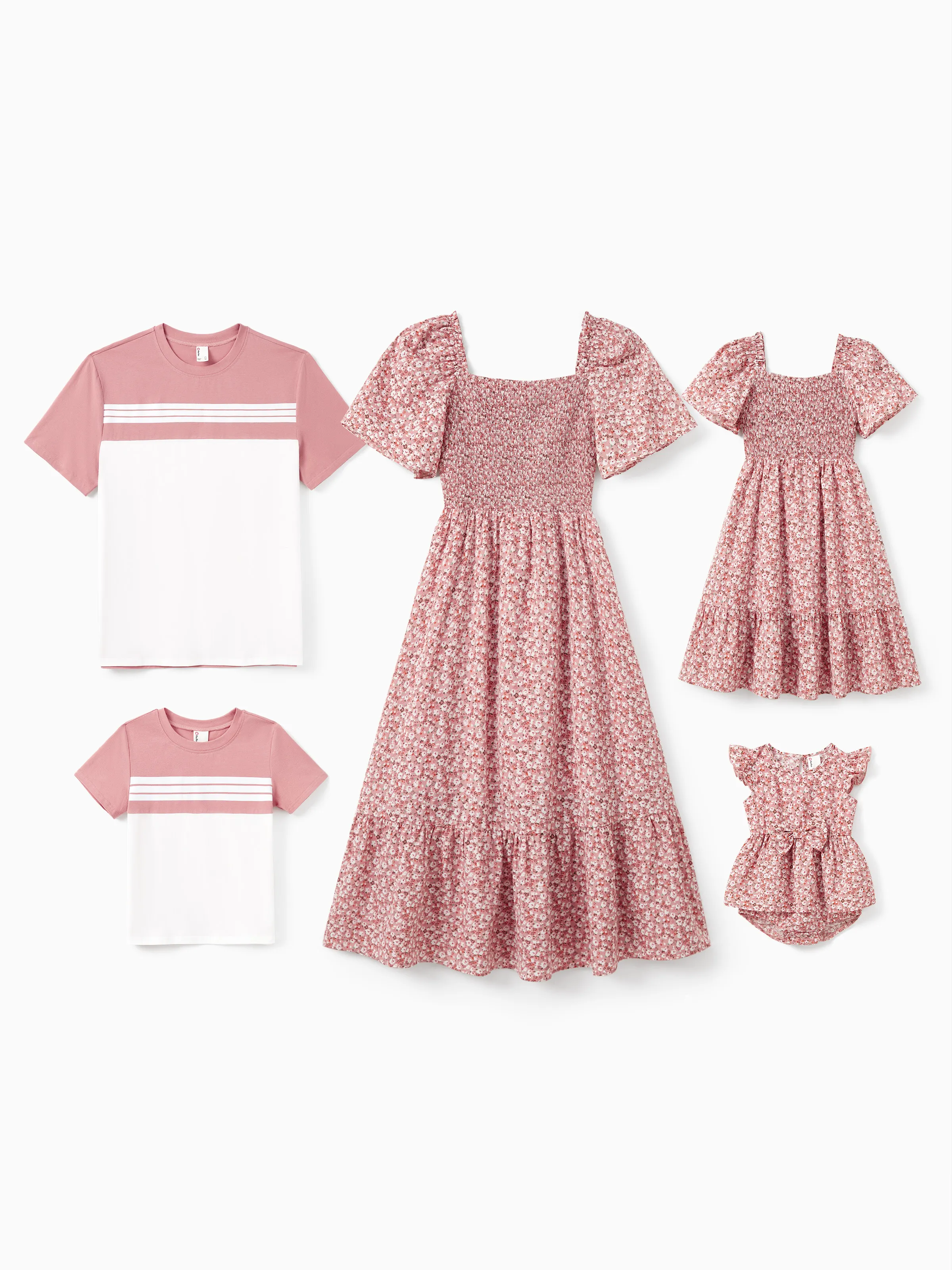 Toddler/Kid Girl Cotton Flora Print Smocking Puff-sleeve Dress Pink