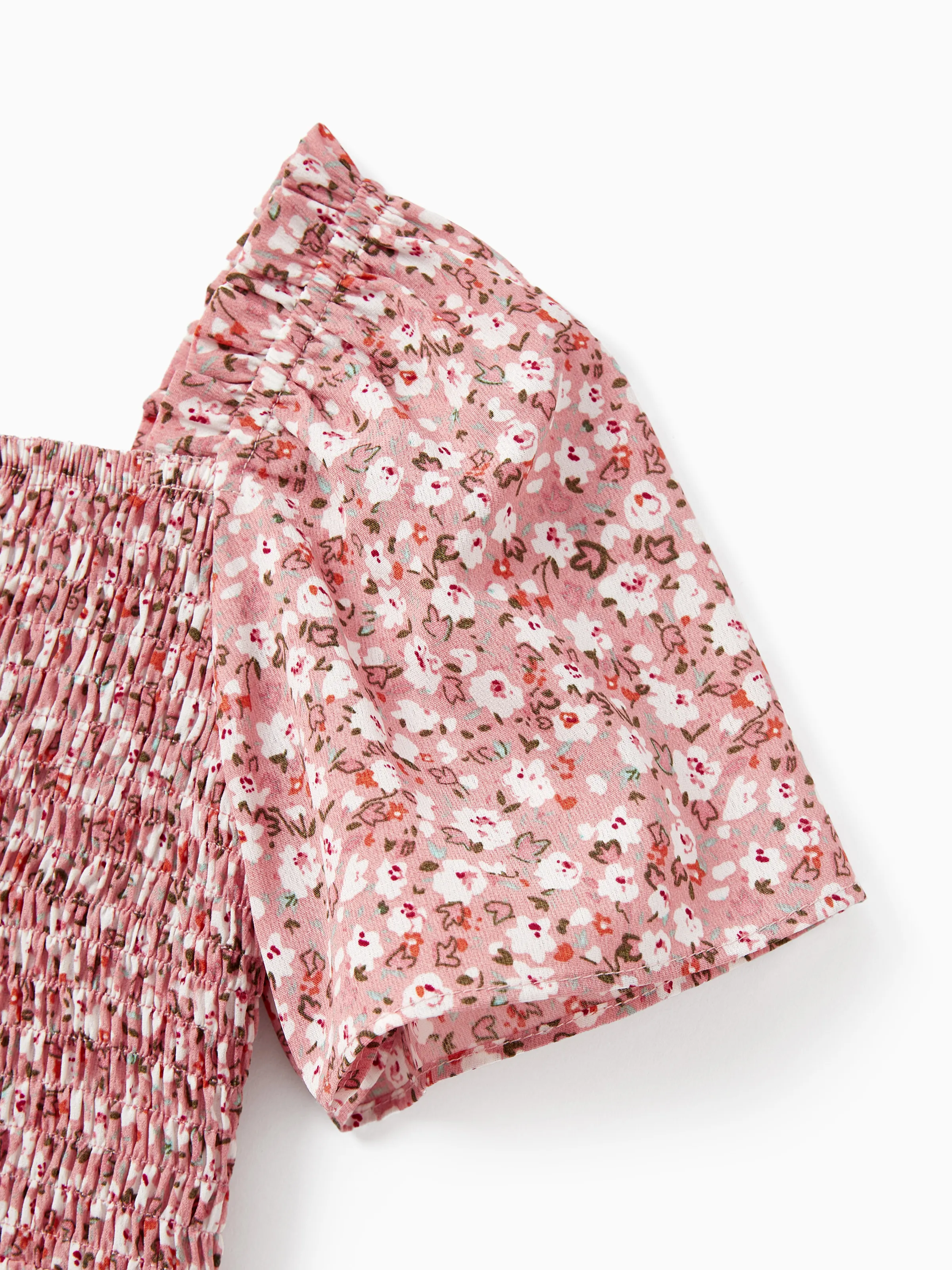 Toddler/Kid Girl Cotton Flora Print Smocking Puff-sleeve Dress Pink