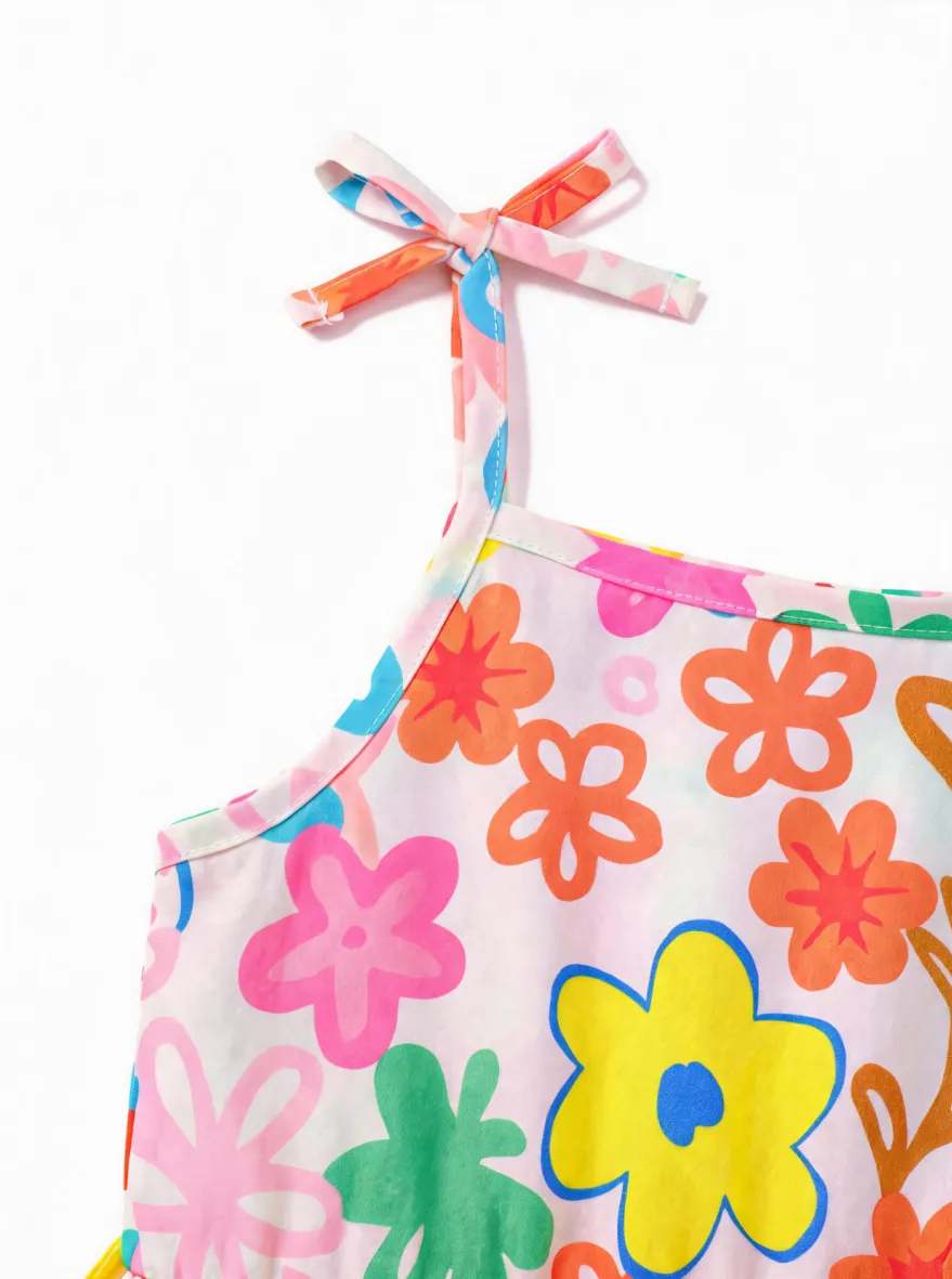 Fresh Market Toddler Girl Graffiti Floral Tiered Dress with Bag Blue+Yellow