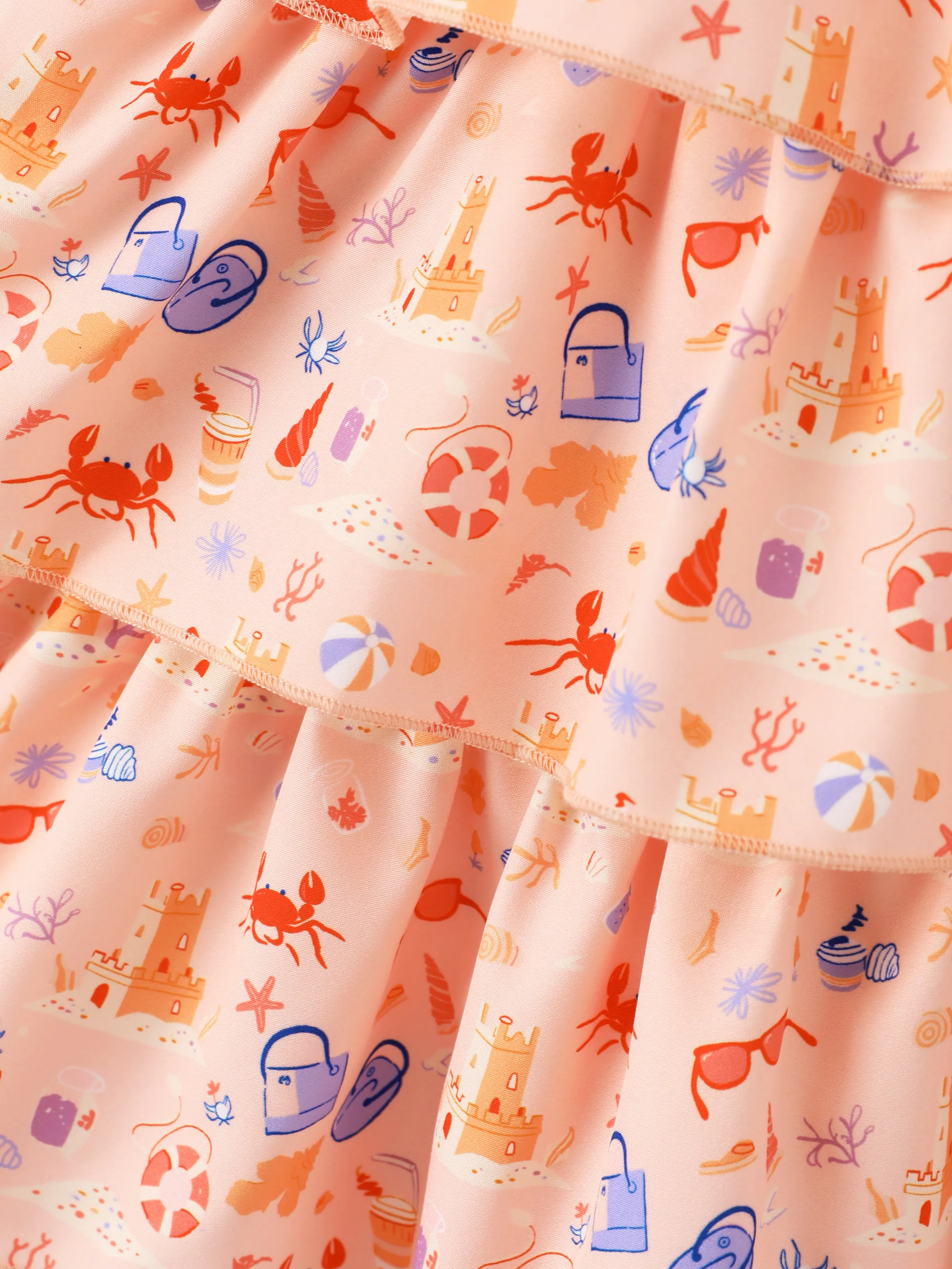 Ocean Vibes Ruffle Flutter Sleeve Beach Print Tiered Dress Light Pink