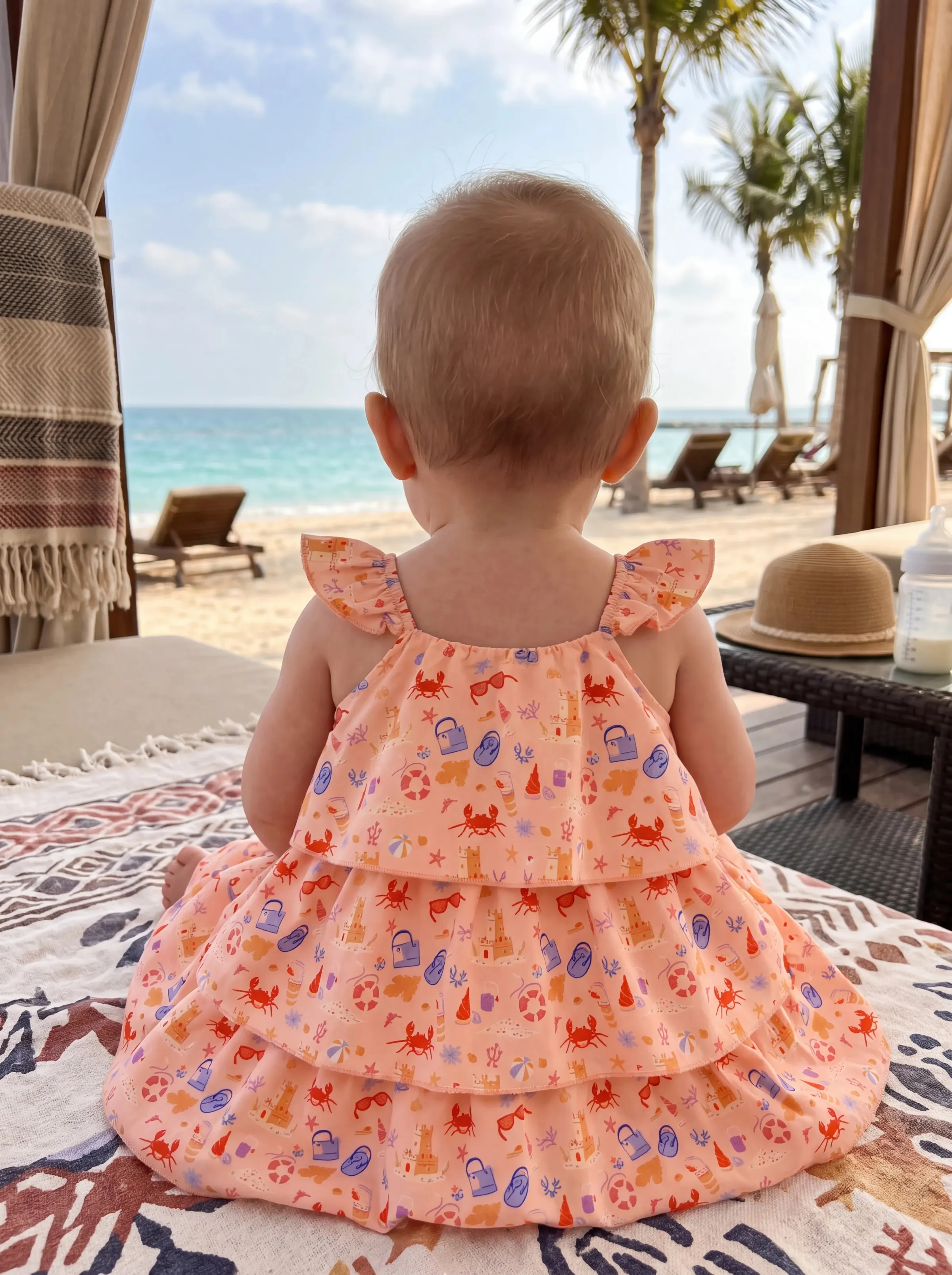 Ocean Vibes Ruffle Flutter Sleeve Beach Print Tiered Dress Light Pink