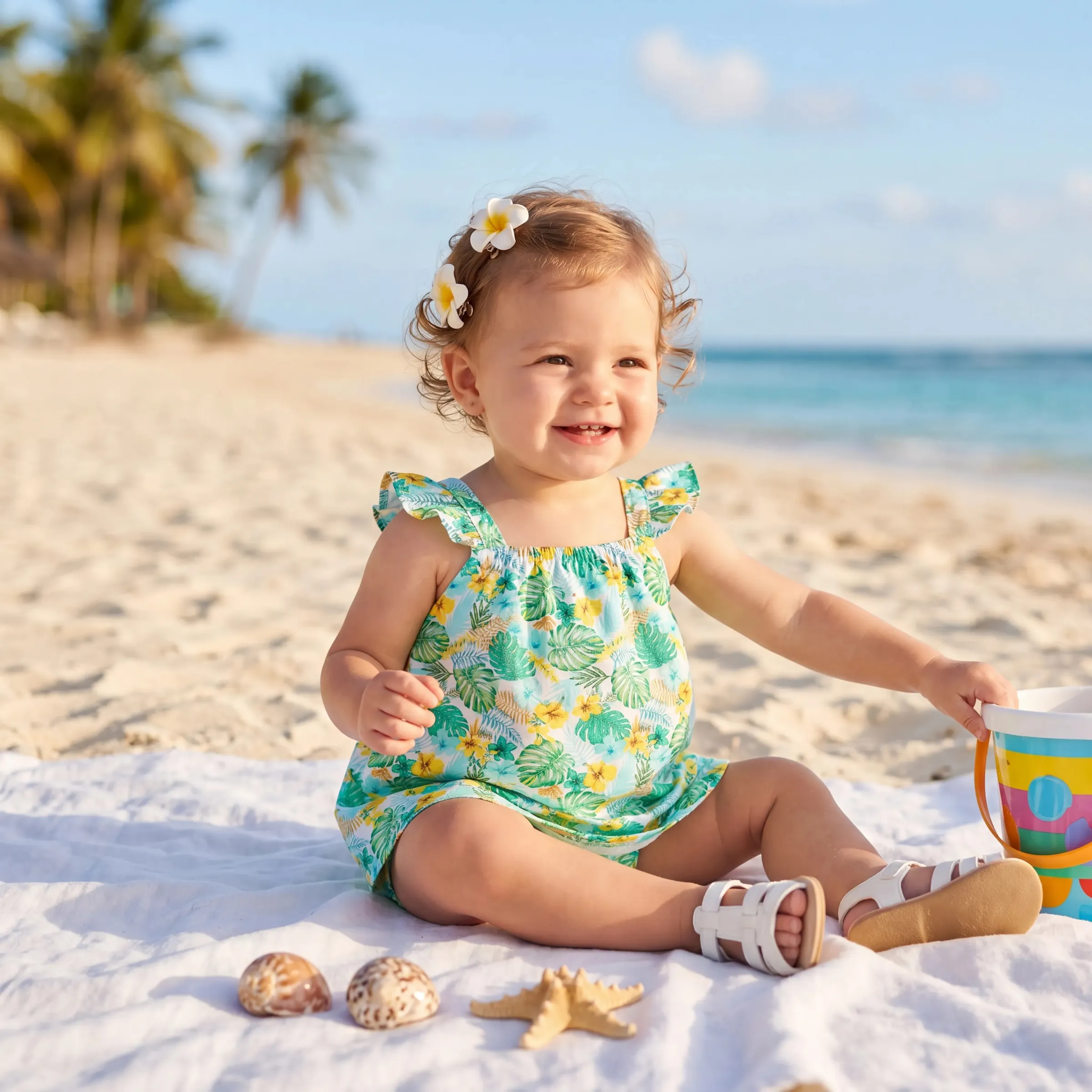 Ocean Vibes Baby Girl Tropical island Leaf Print Dress Green
