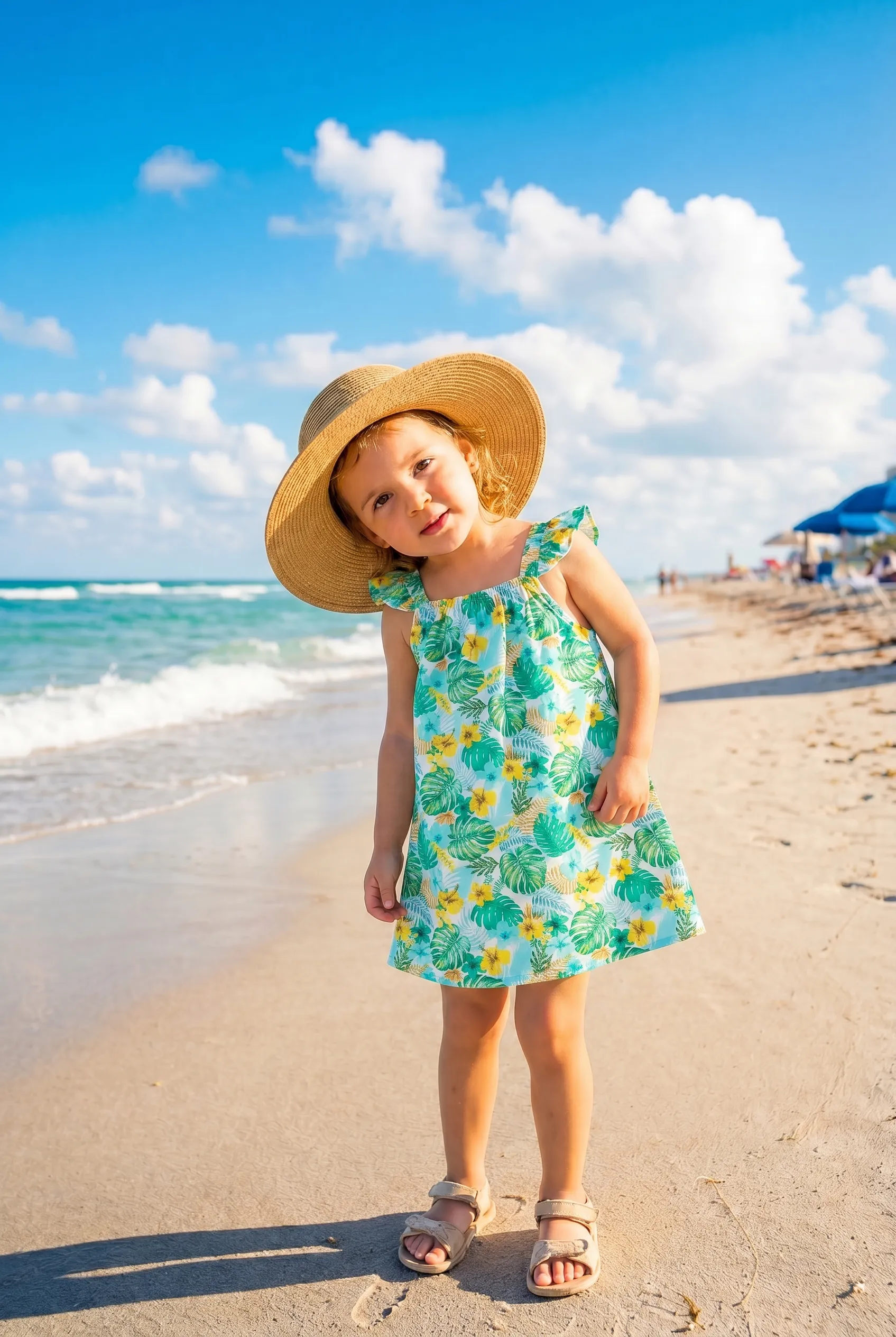 Ocean Vibes Baby Girl Tropical island Leaf Print Dress Green