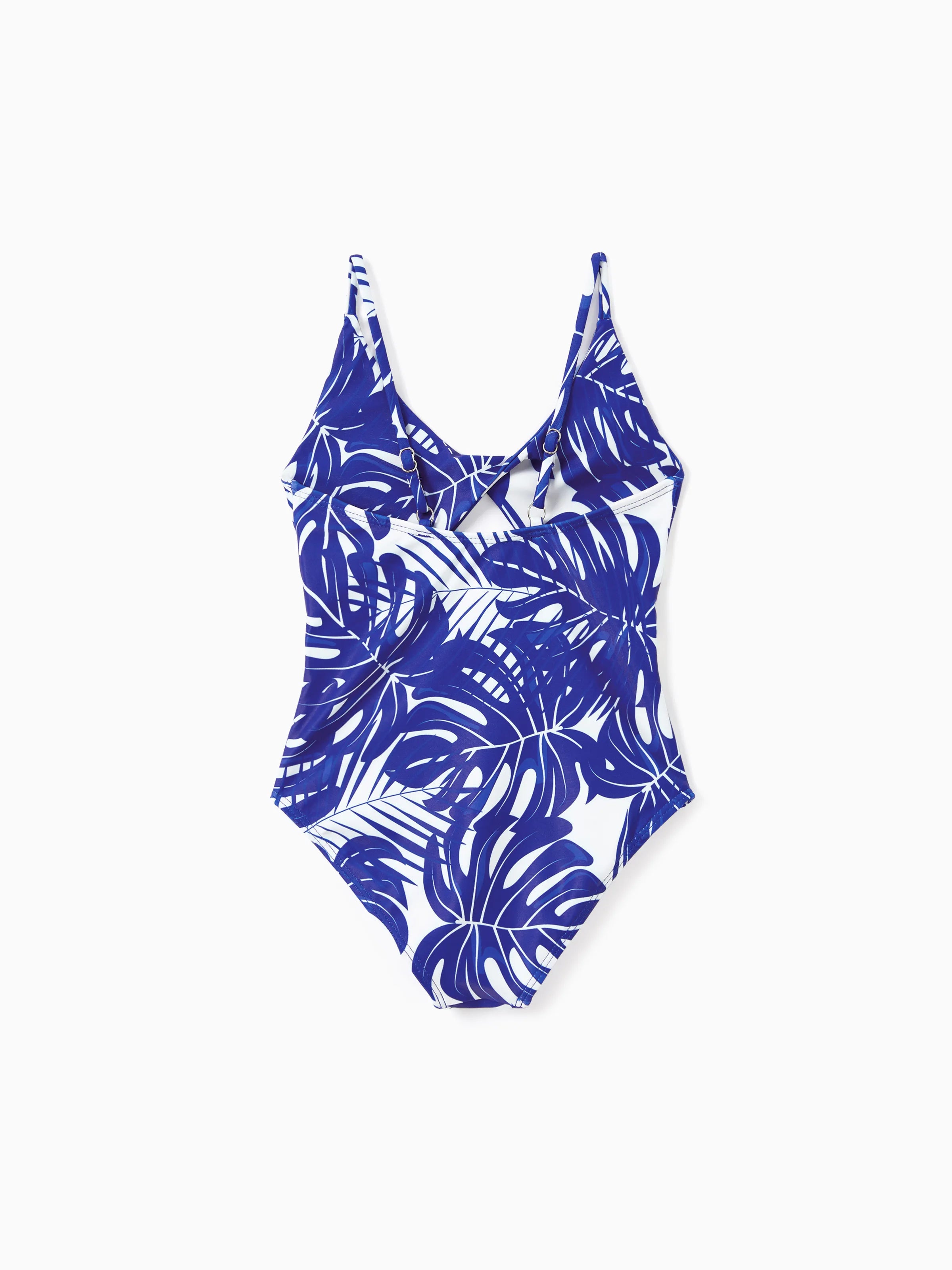 Daddy & Daughter Tropical Leaf Print Swim Trunks or Hollow-out  Crisscross Straps One-piece Swimsuit Blue