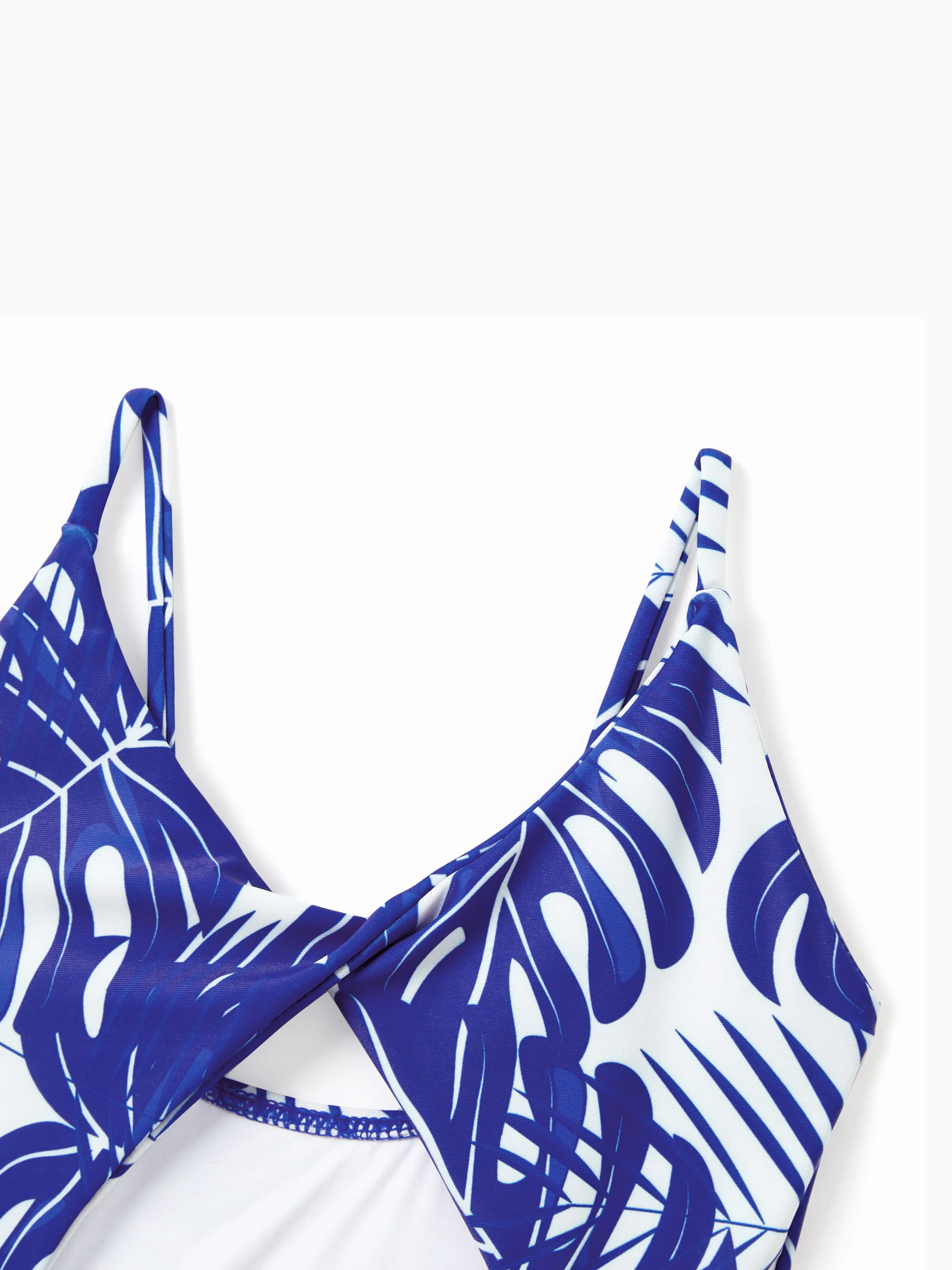 Daddy & Daughter Tropical Leaf Print Swim Trunks or Hollow-out  Crisscross Straps One-piece Swimsuit Blue