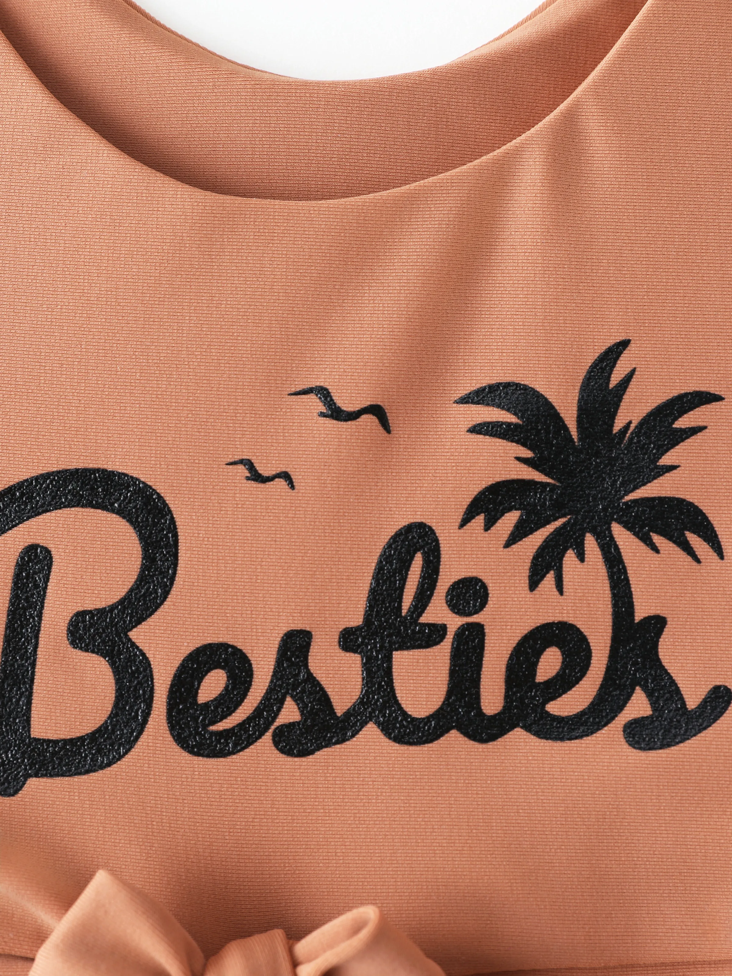 Toddler Girl Vertical Stripe Drawstring Besties Printed Crop Tank Bikini Khaki