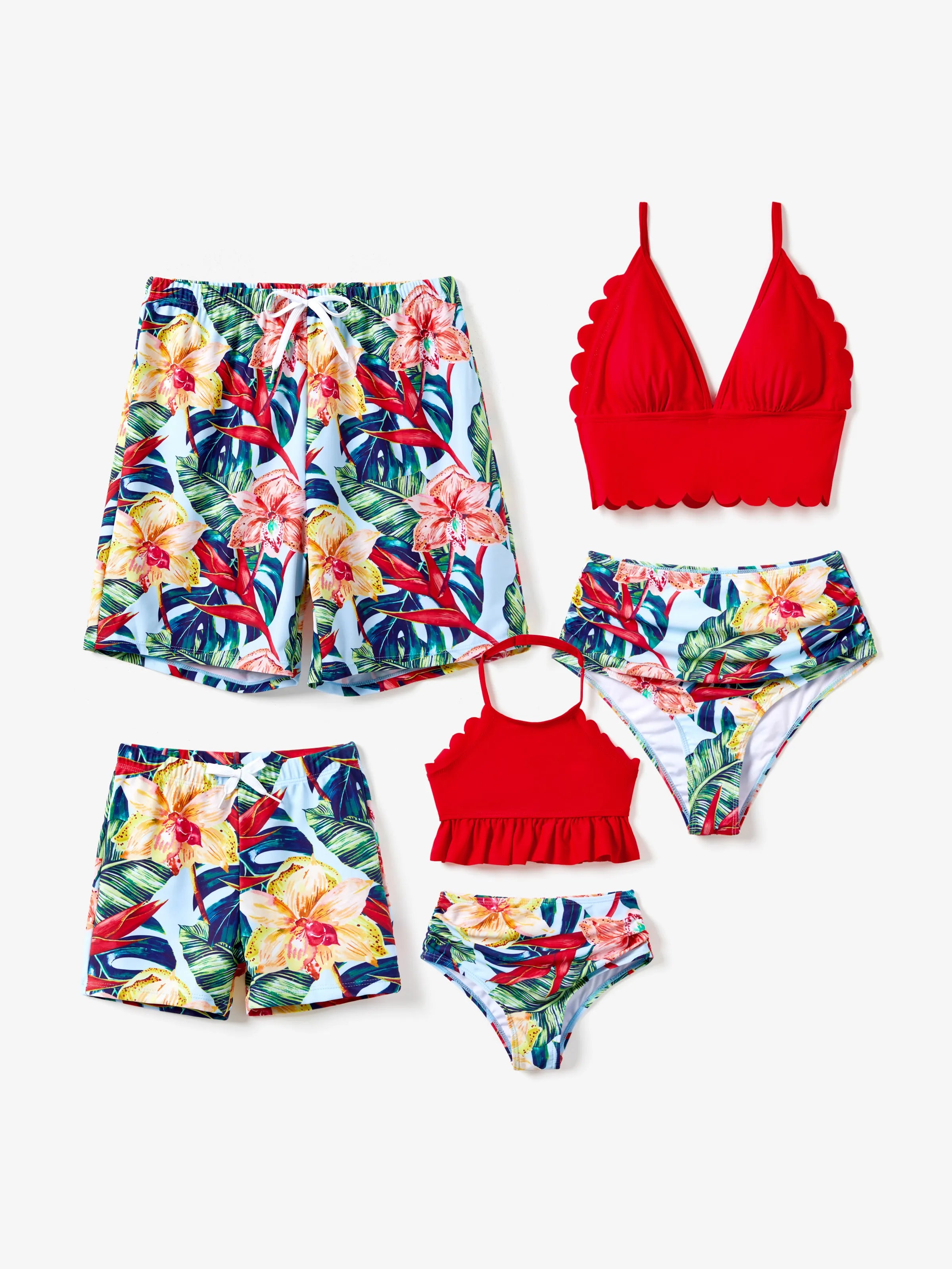 Toddler Girl Floral Drawstring Ruched Shell Edge Bikini Red