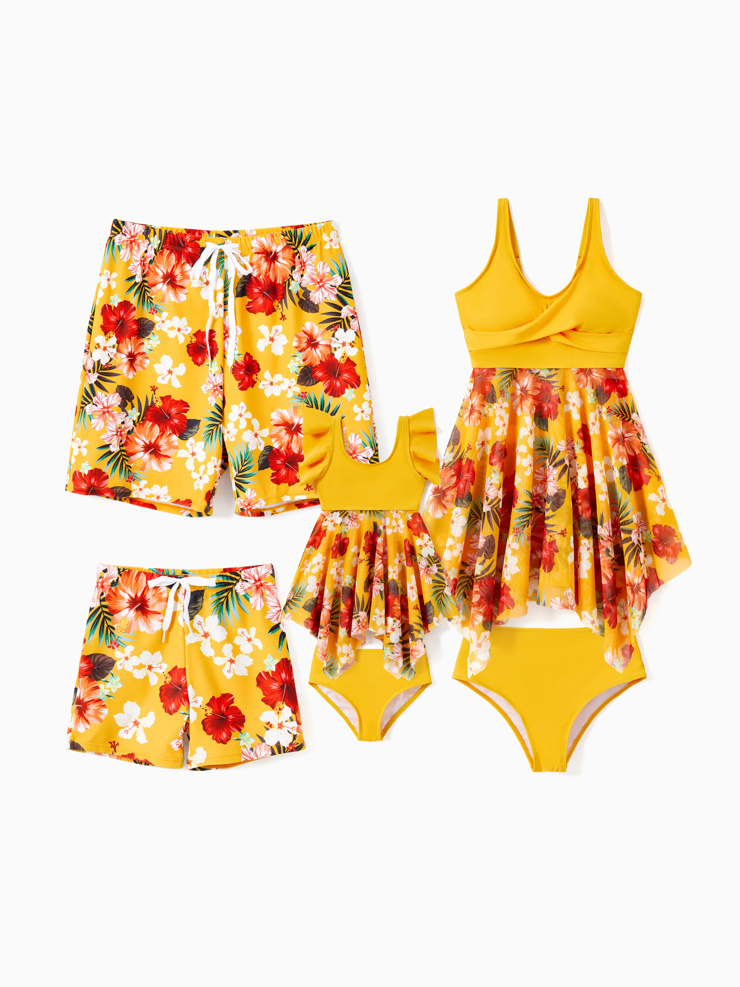 Toddler Girl Floral Drawstring Flowy Spliced Mesh Swim Dress with Triangle Swim Bottom Yellow