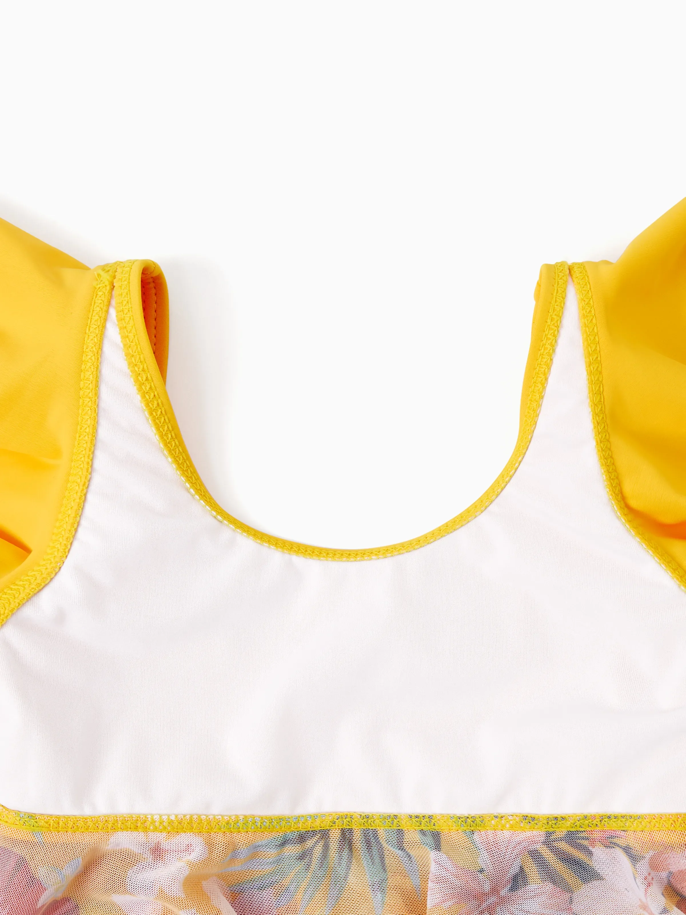 Toddler Girl Floral Drawstring Flowy Spliced Mesh Swim Dress with Triangle Swim Bottom Yellow