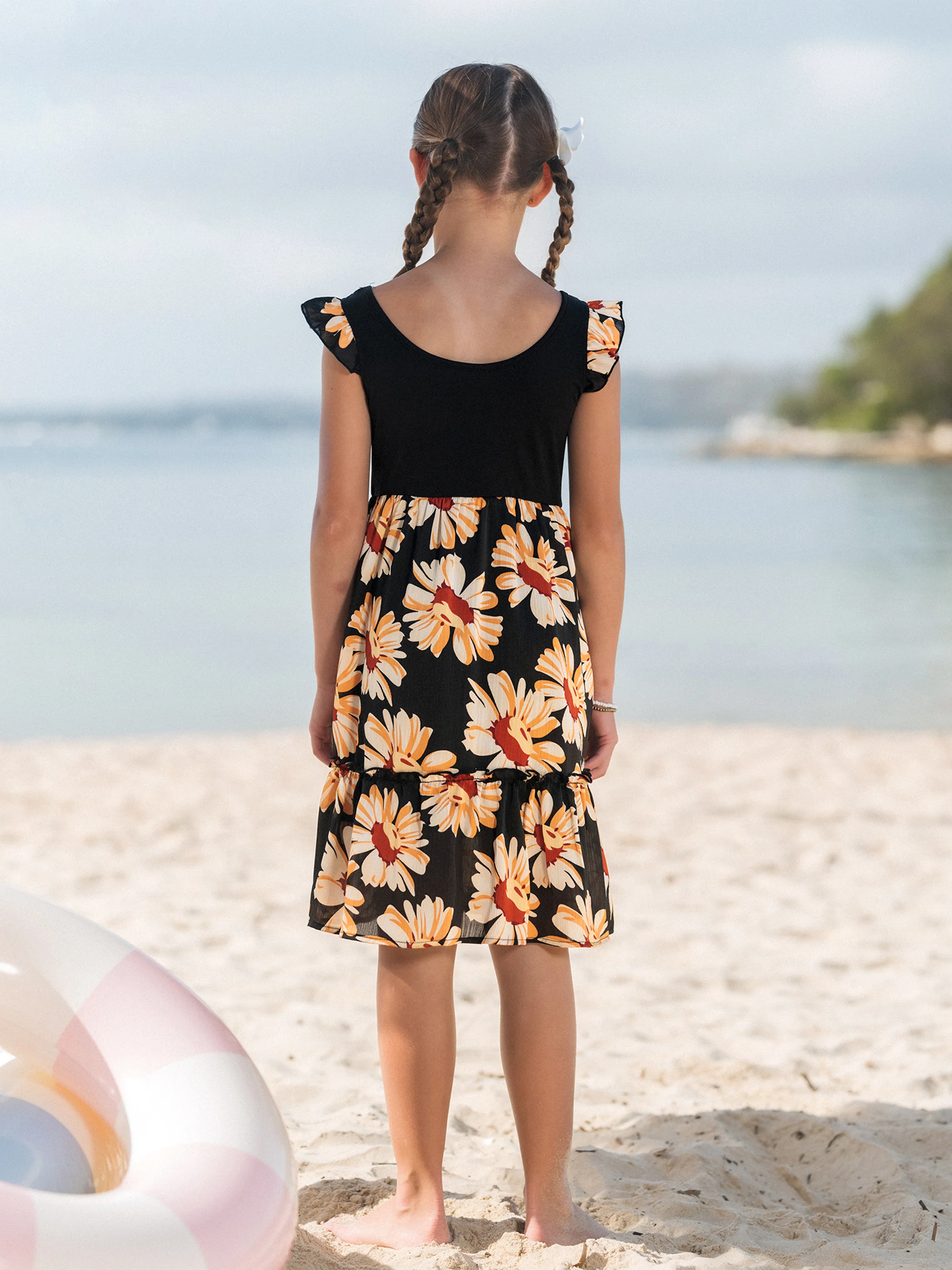 Toddler/Kid Girl Set Floral Sleeveless Strappy Dress Black