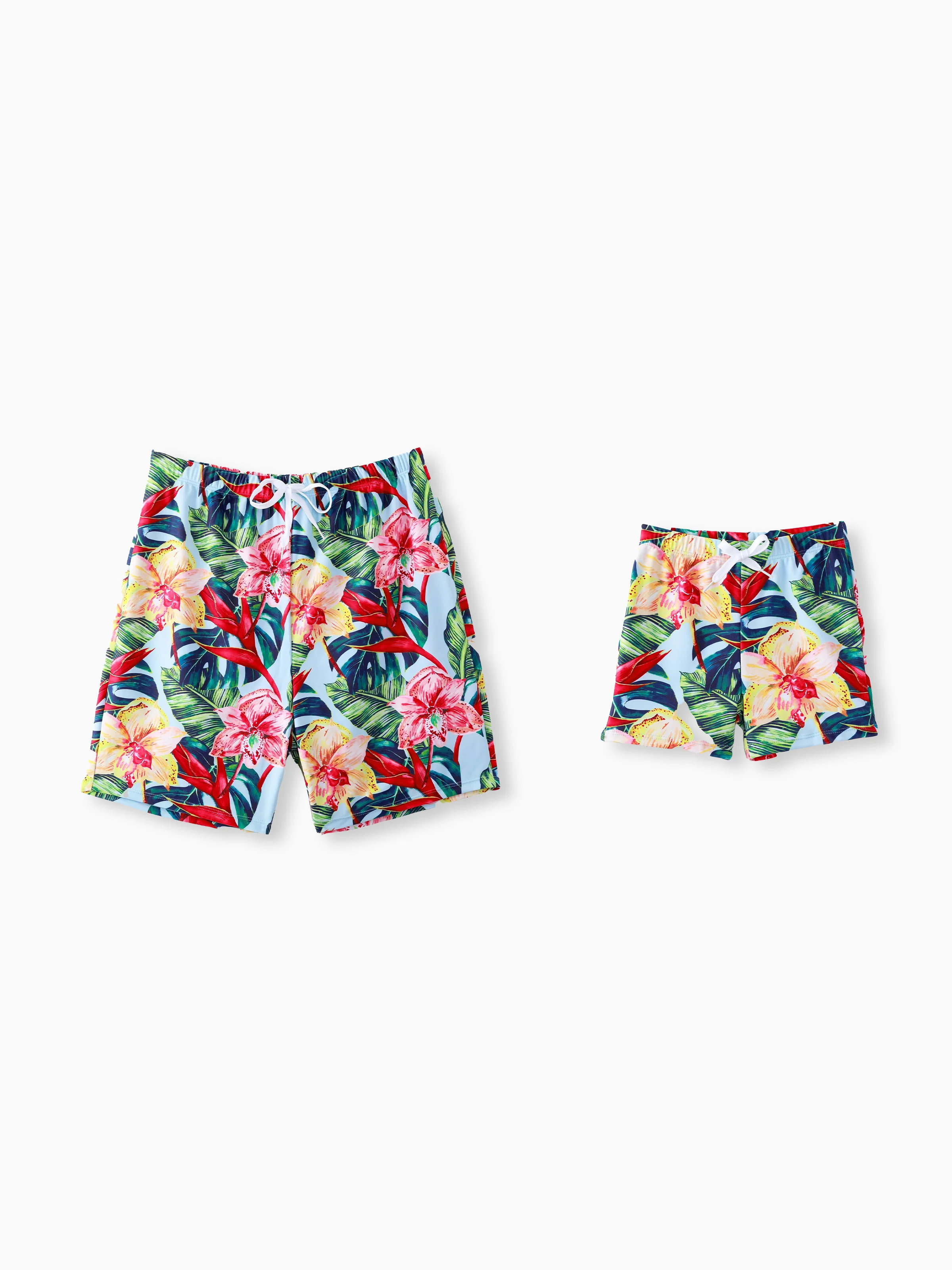 Daddy and Me Family Matching Floral Drawstring Swim Trunks or Ruched Shell Edge Bikini with Optional Swim Cover Up Red