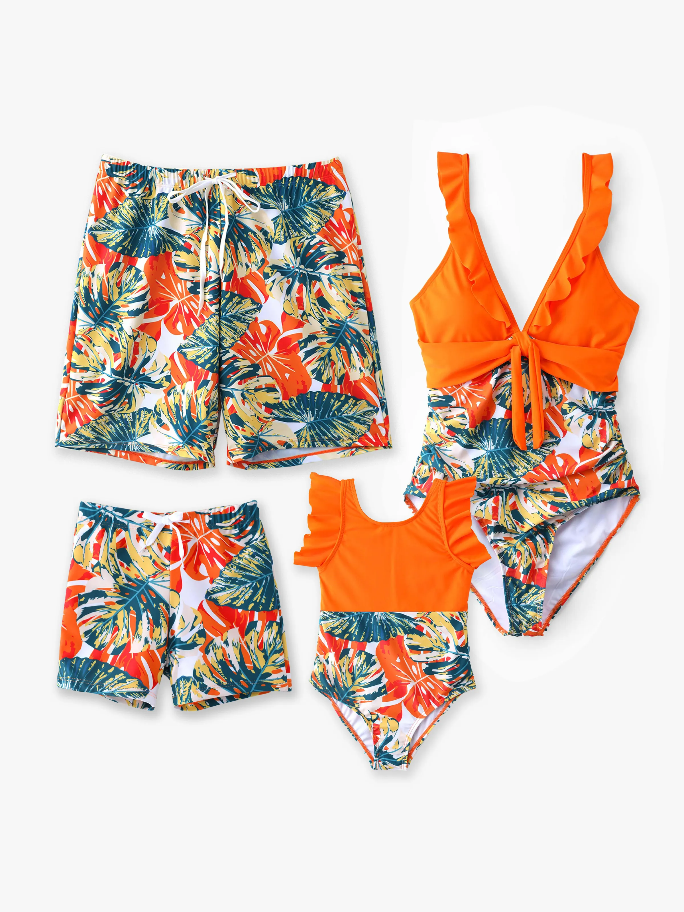 Toddler Girl Orange and All Over Tropical Plant Print Splicing Ruffle One-Piece Swimsuit Orange color