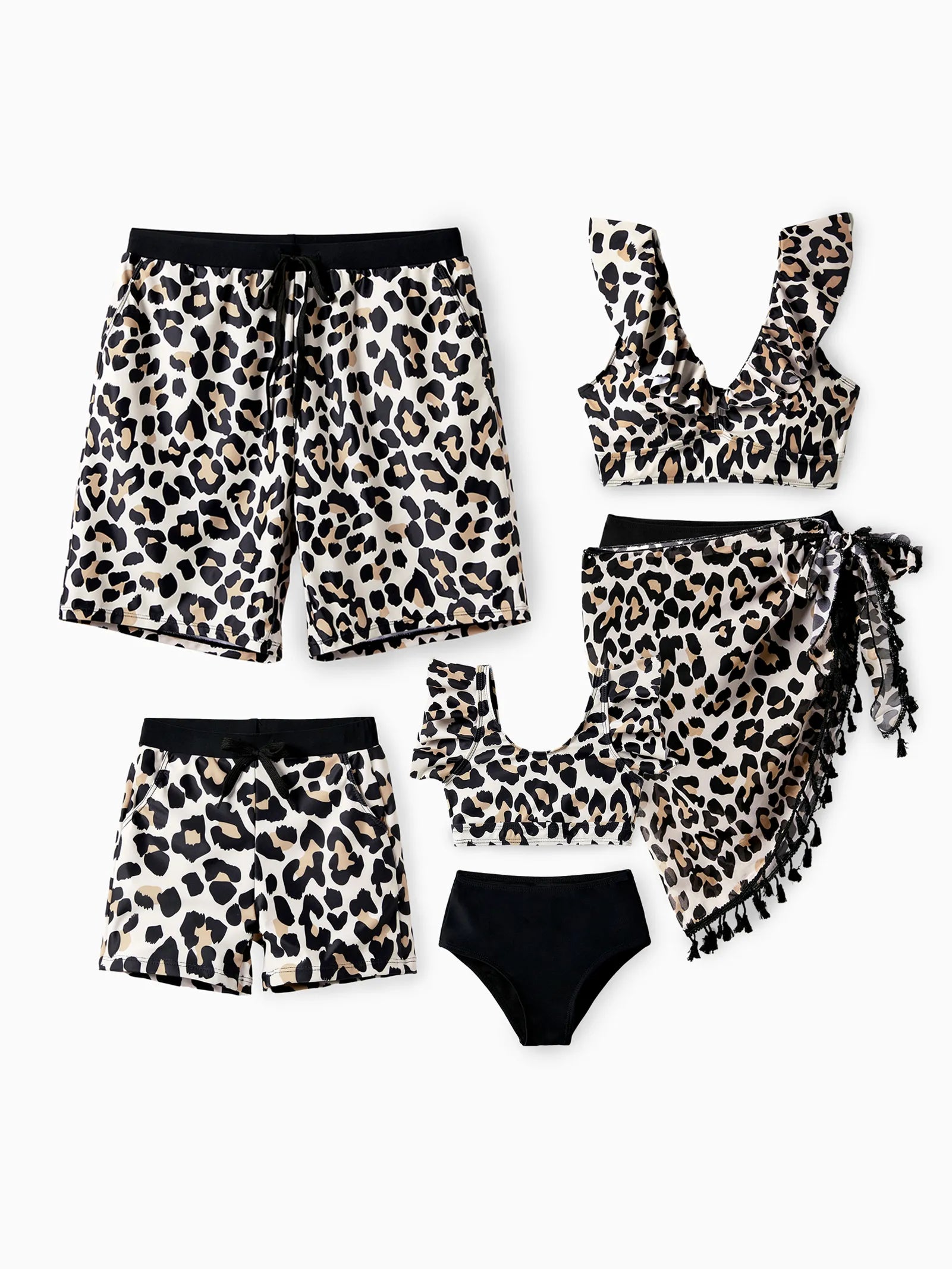 Daddy & Son Leopard Pattern Drawstring Swim Trunks Black