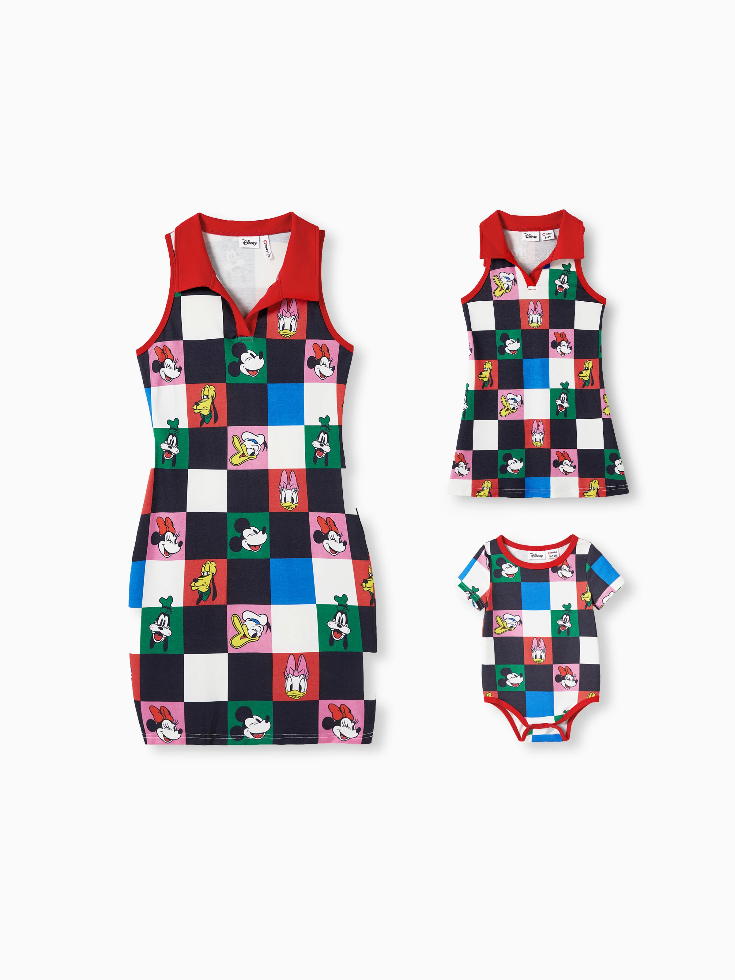 Disney Mickey and Friends Mommy and Me Family Matching Naia™ Colorful Checkered Pattern Top/Sleeveless Dress/Onesie Multi-color