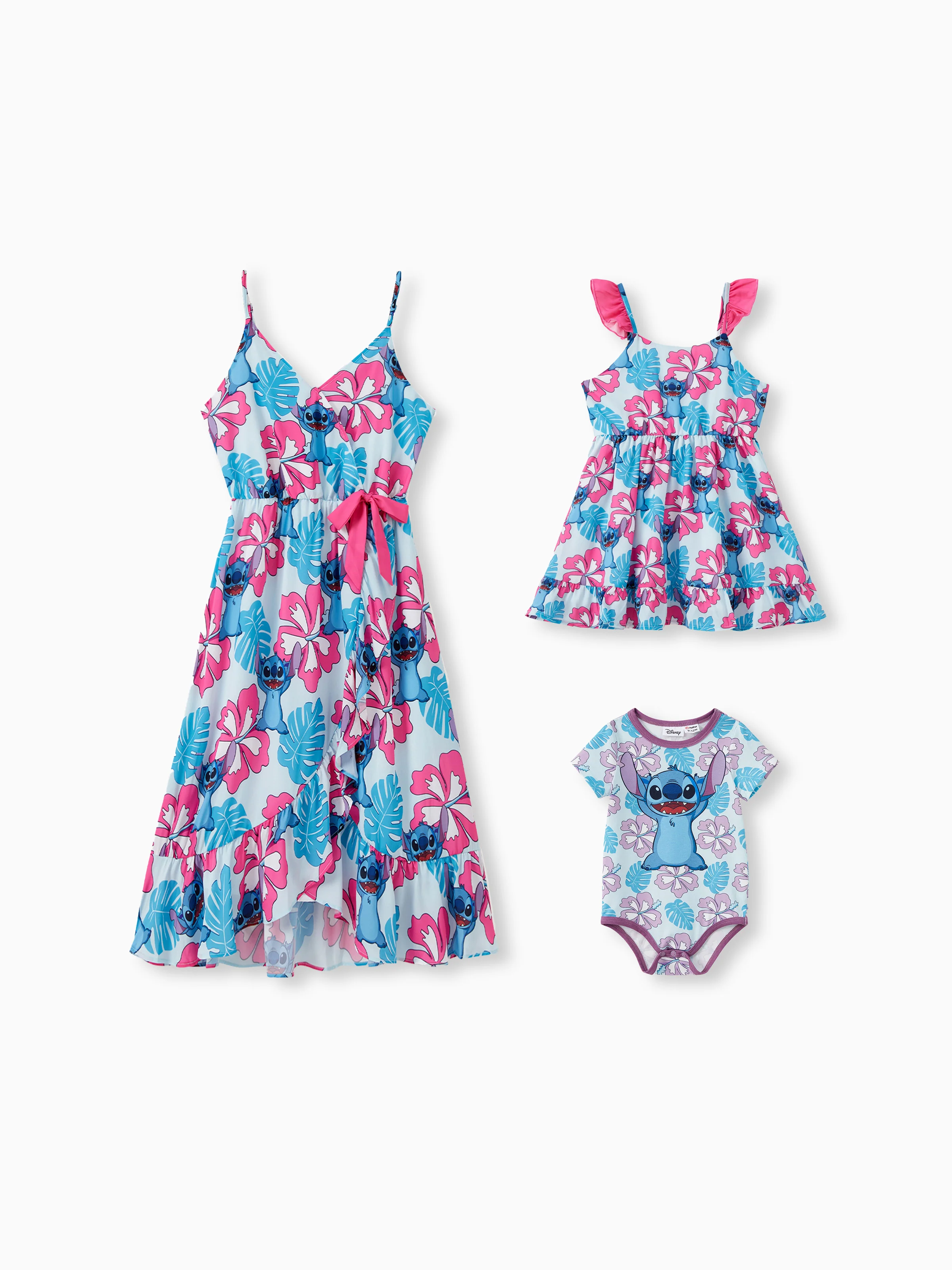 Disney Stitch Mommy and Me Family Matching Naia™ Stitch and Hawaii Style Floral Print Sleeveless Dress/Onesie／Shirt Multi-color