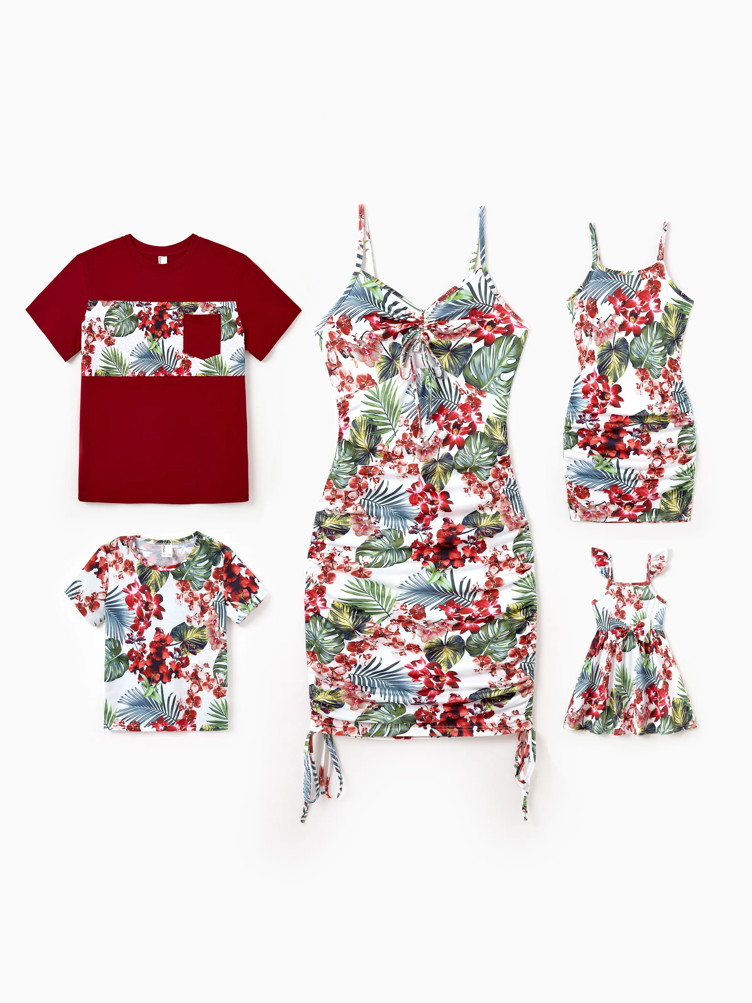 Family Matching Floral Print Outfits Tropical Print Spaghetti Strap Body-con Dress for Mom & Daughter, Color-Blocked T-Shirts for Dad & Son Perfect for Summer Vacations & Family Photos Red