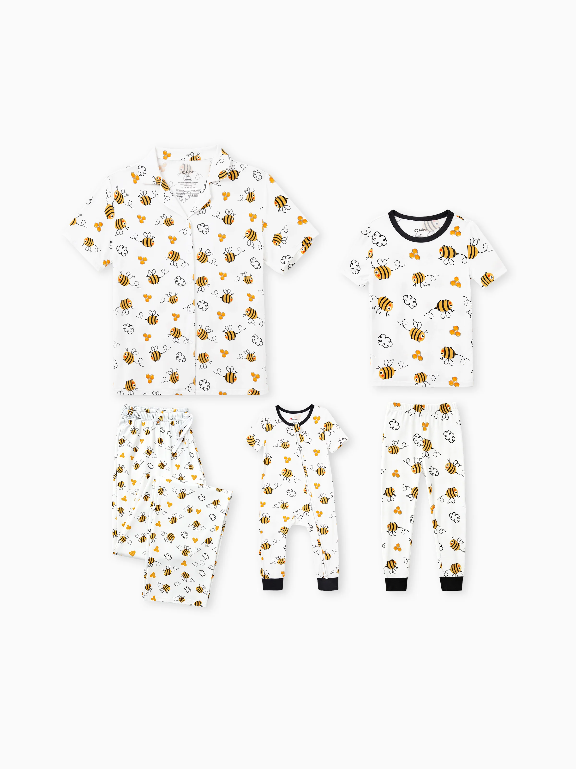 Mommy & me Bamboo Pajamas Soft Bamboo Viscose PJs for Men Women Kids Toddler, Cute Bee Print Sleepwear with Short Sleeve Top and Long Pants White