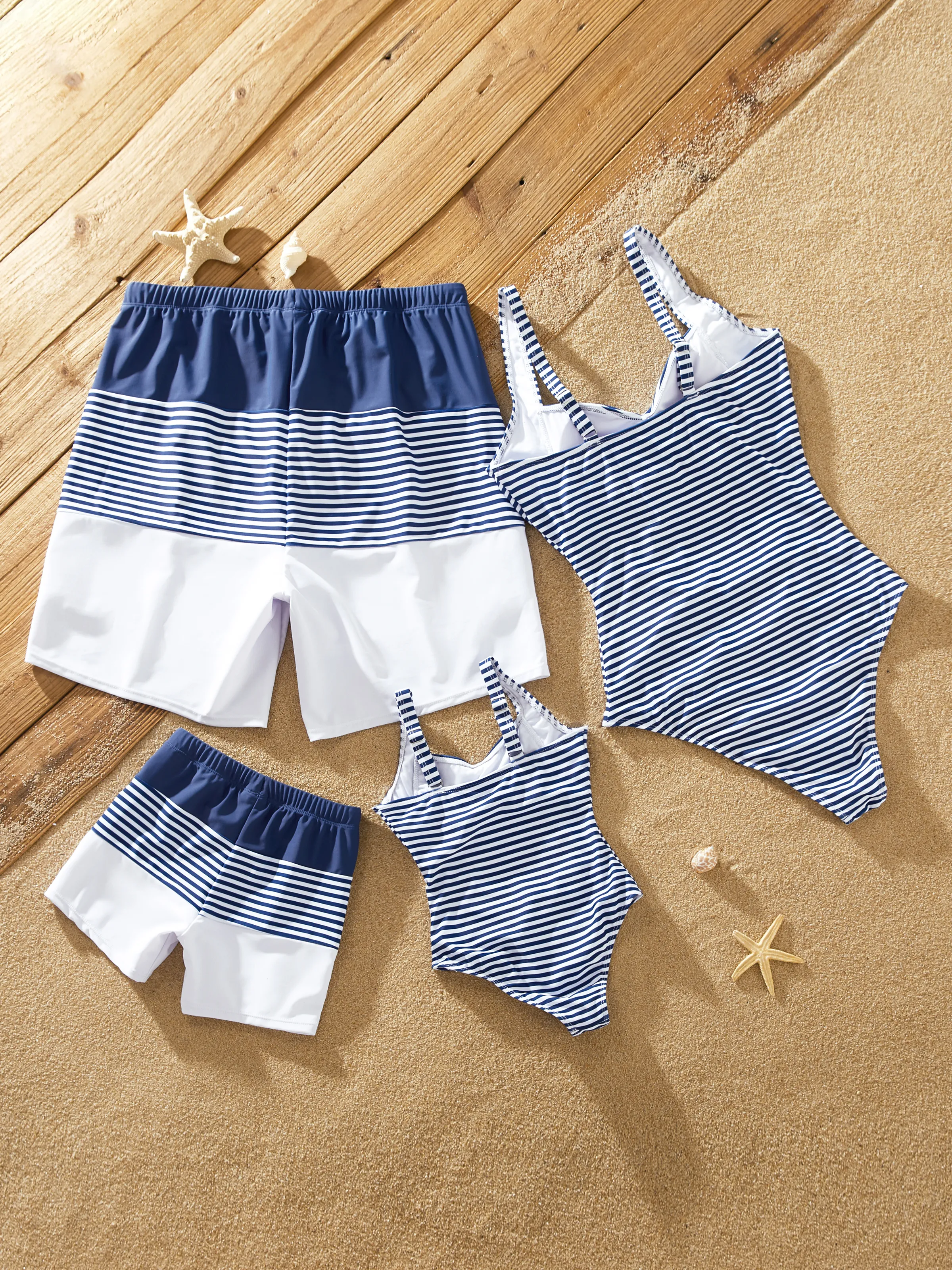 Toddler Boy Stripe Swim trunks - Tight Fit Polyester Spandex Matching Outfits Dark Blue+white