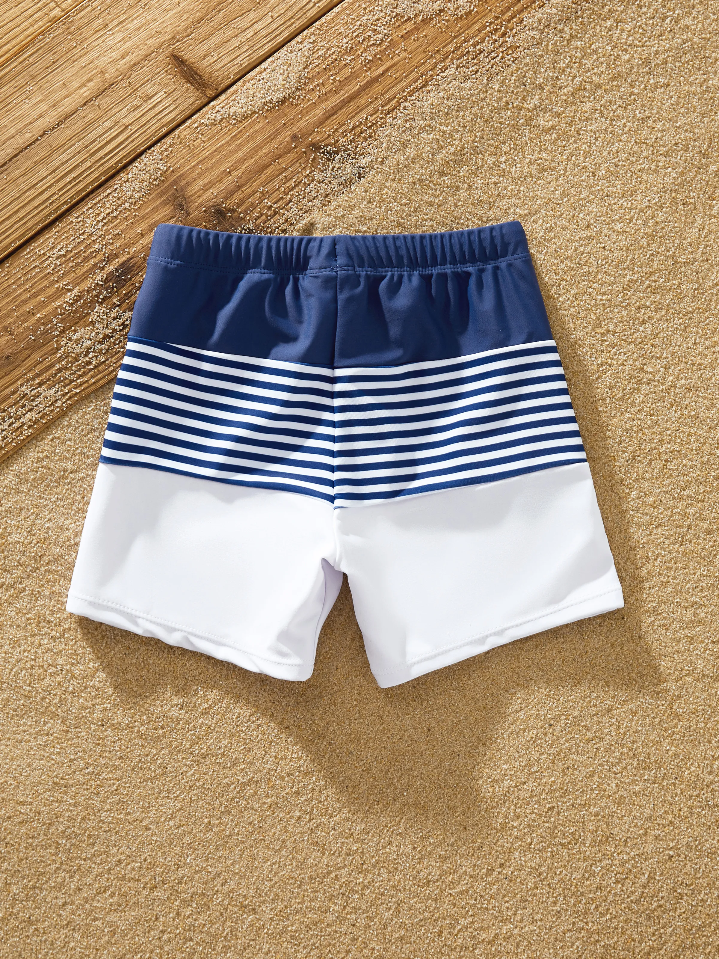 Toddler Boy Stripe Swim trunks - Tight Fit Polyester Spandex Matching Outfits Dark Blue+white