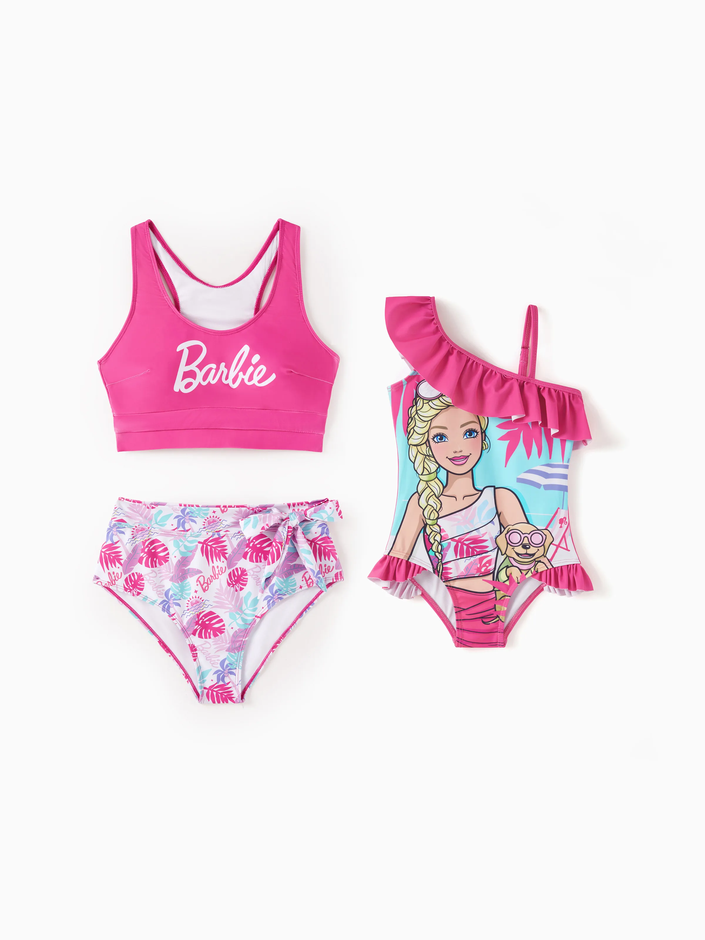 Toddler Girl Barbie Girls Ruffled Tropical Floral Print Swimsuit Hot Pink