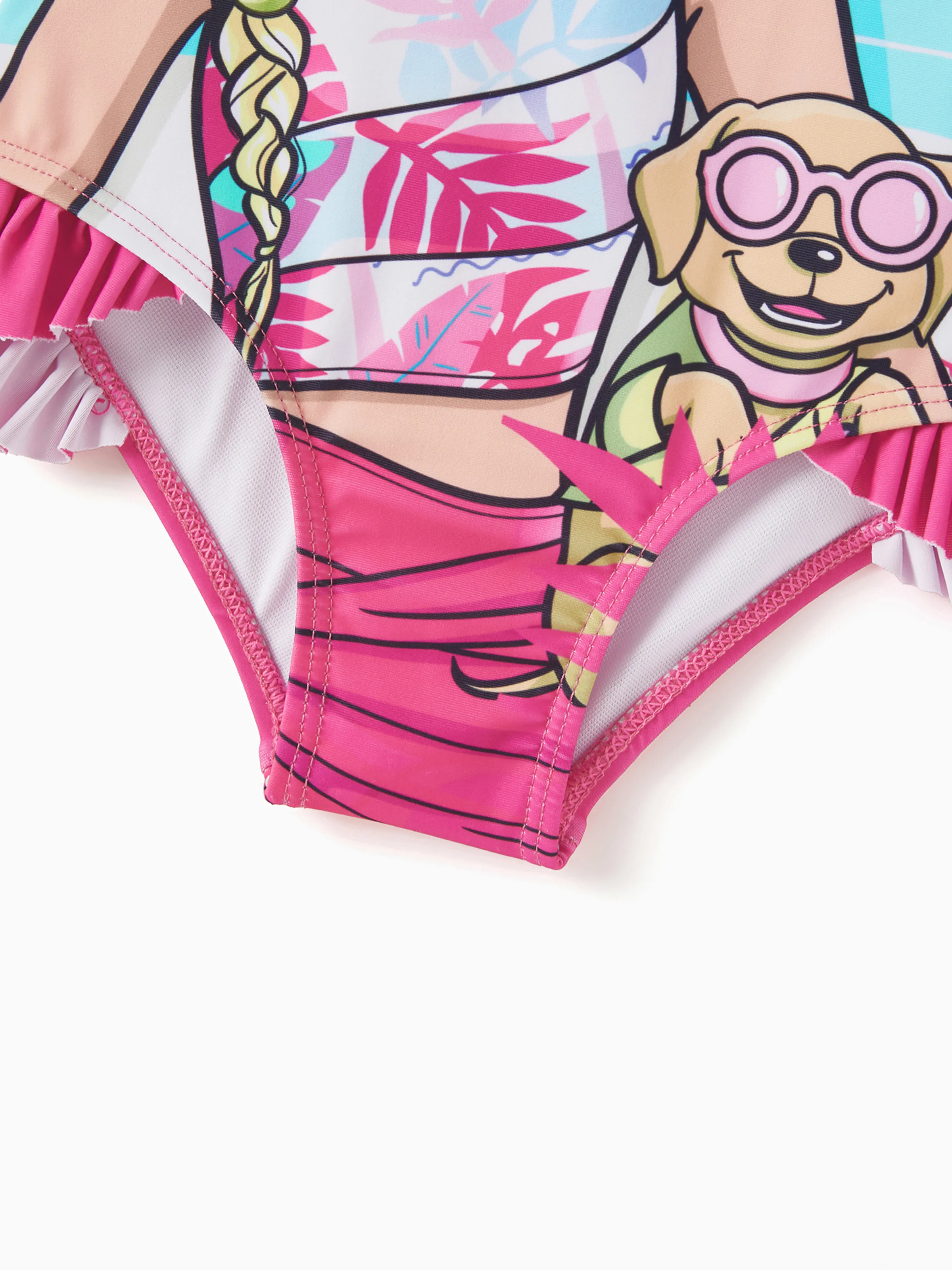 Toddler Girl Barbie Girls Ruffled Tropical Floral Print Swimsuit Hot Pink