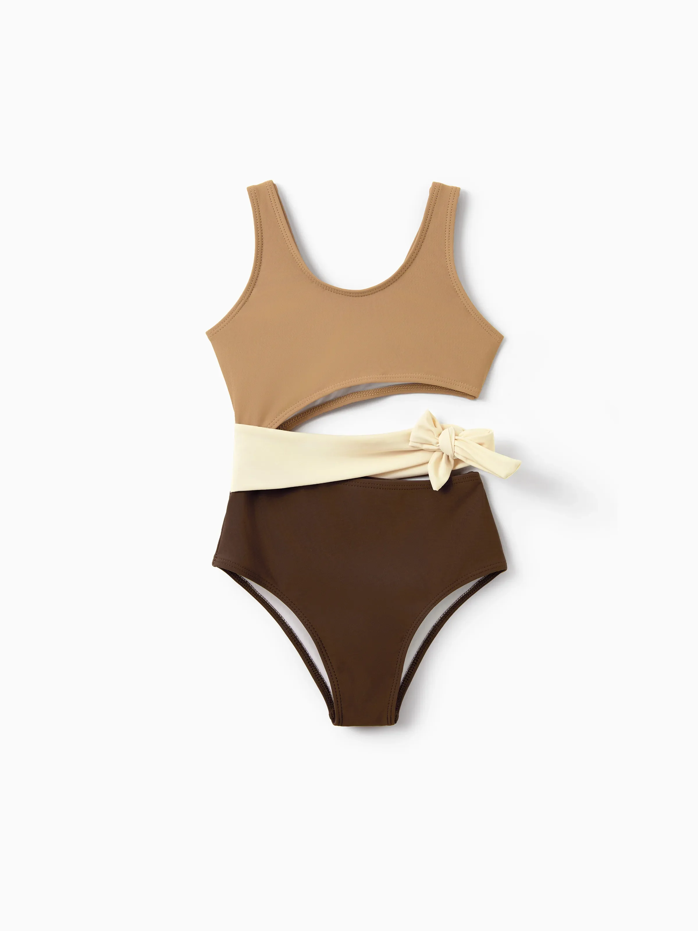 Toddler Girl Color Block Swimsuits, Summer Beach Vacation Swimwear Coffee