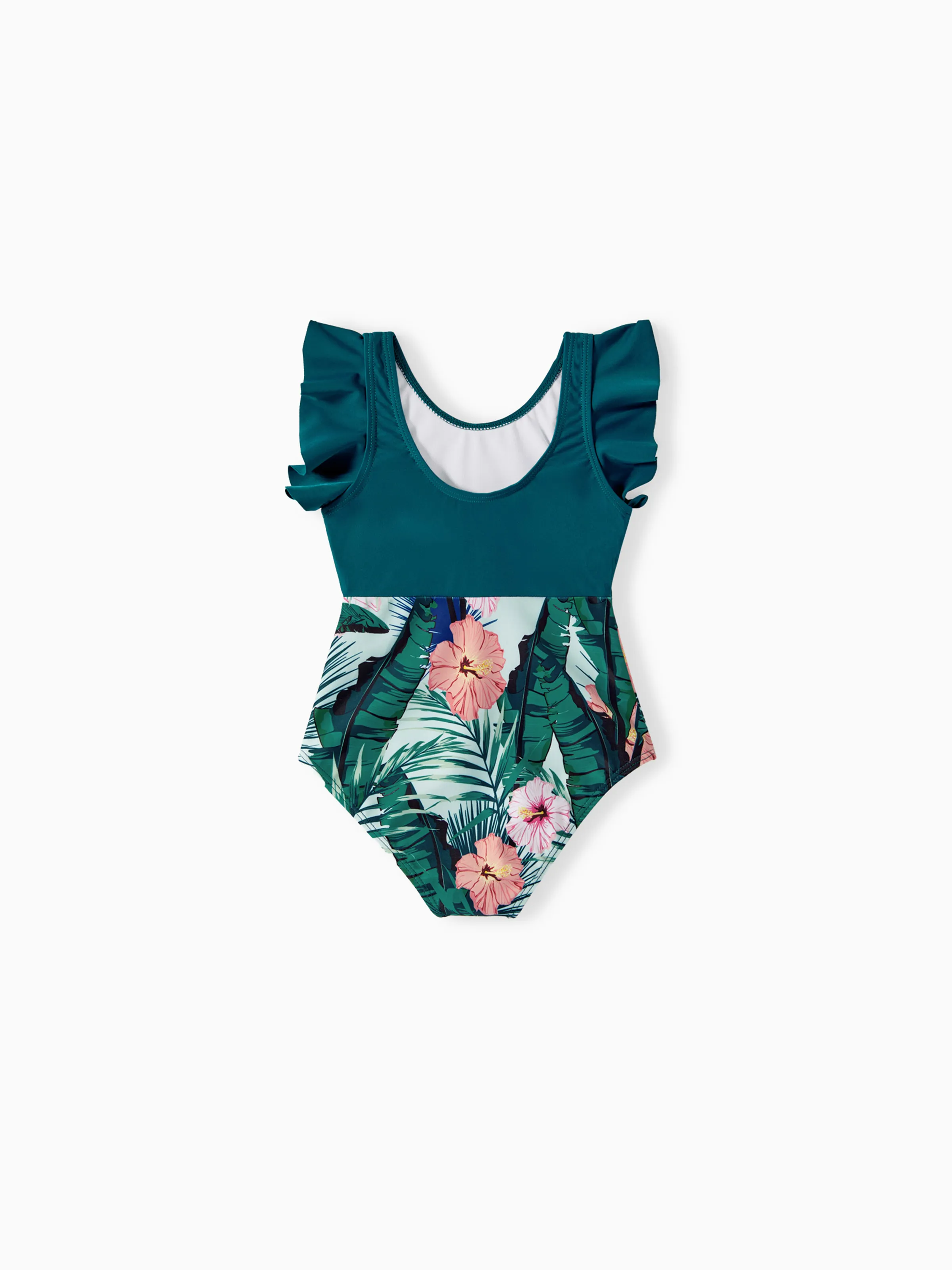Toddler Girl Plant Print Ruffle Trim Spliced One-piece Swimsuit or Swim Trunks Green
