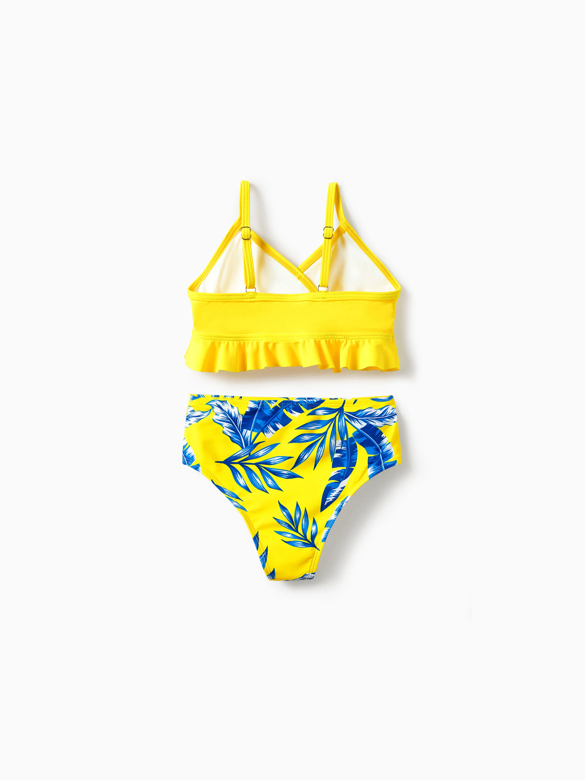 Toddler Girl Yellow Leaf Print Ruched Flutter Sleeve Bikini Yellow