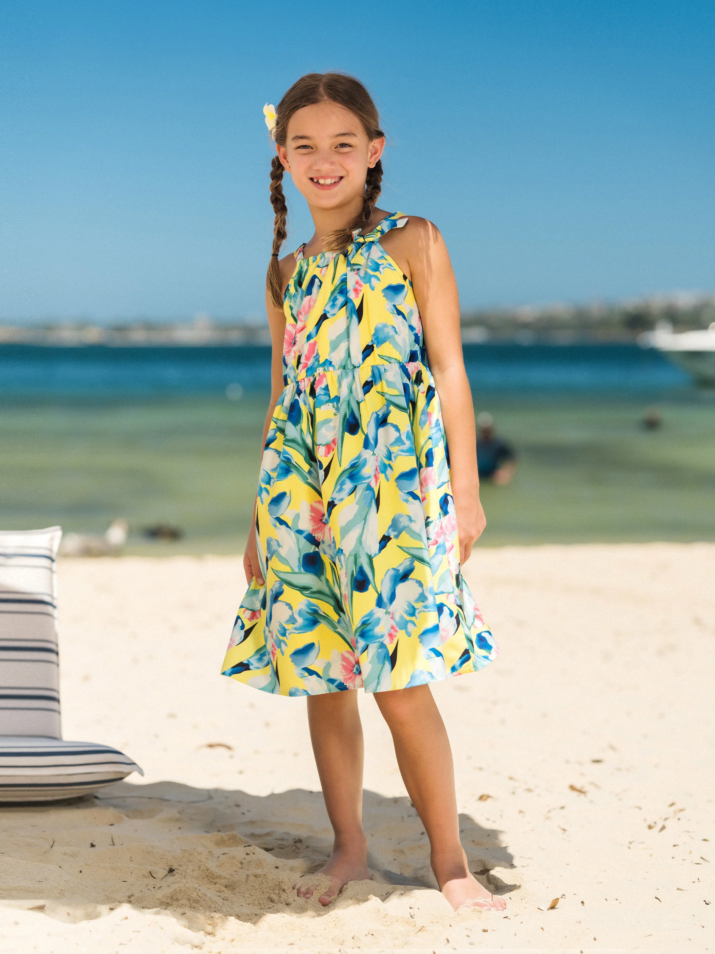 Toddler/Kid Girl Casual Outfits Floral Print  Strappy Dress Yellow