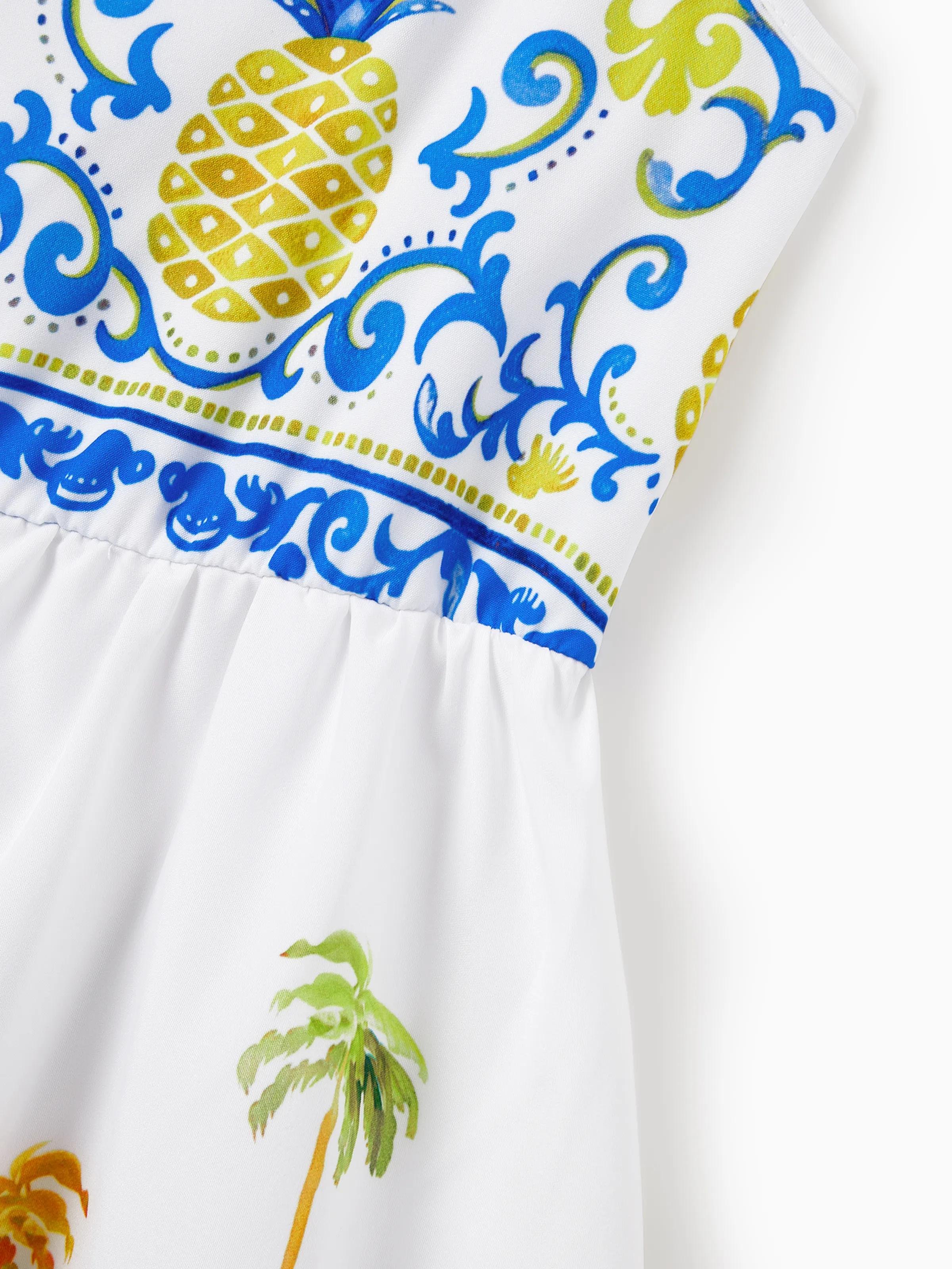 Toddler/Kid Girl Vacation Tropical Pineapple Coconut Tree Print Hollow out Strap Dress for Summer Vacation  White