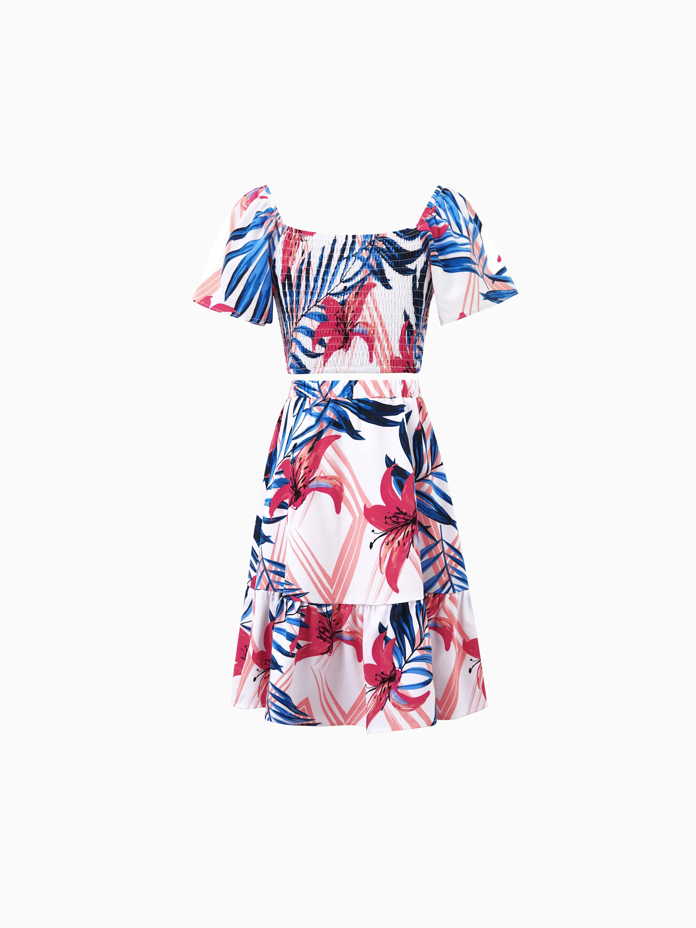 26979-tropical-floral-toddler-kid-girl-outfits-pink-blue-leaf-print-short-sleeve-shirt-or-one-shoulder-smocked-top-and-skirt-co-ord-set-for-vacation-cruise-1.webp Tropical Floral Toddler/Kid Girl Outfits Pink Blue Leaf Print Short-sleeve Shirt or One Shoulder Smocked top and Skirt Co-ord Set for Vacation, Cruise, Beach White