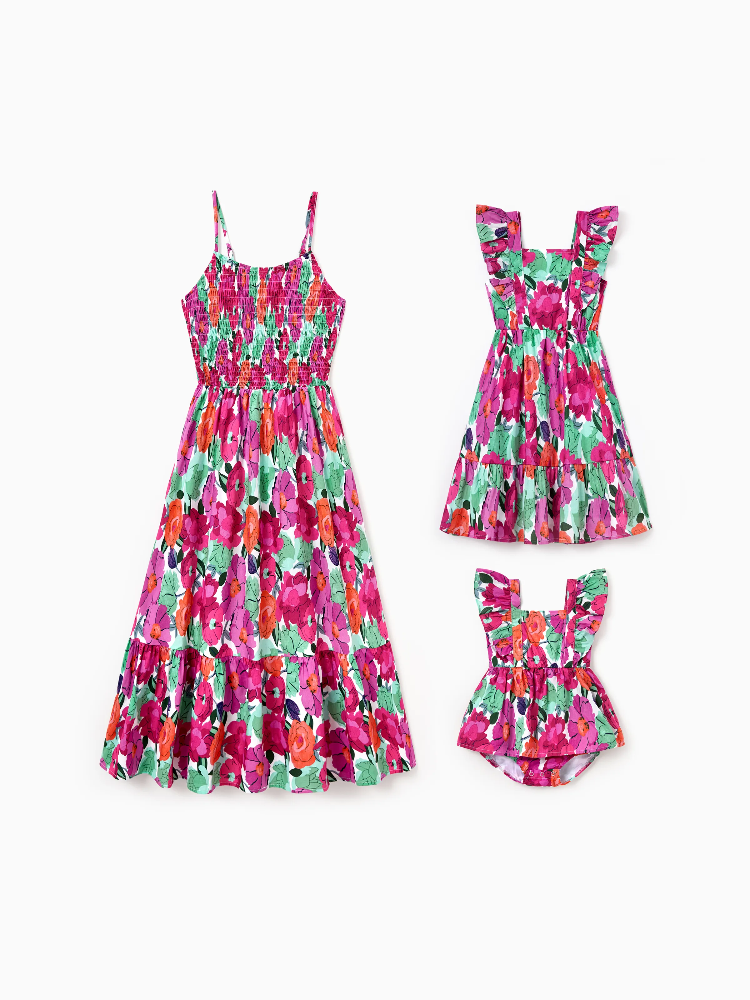 Mom & Me Matching Cotton Vacation Dresses Floral Smocked Dresses with Ruffle Straps for Summer Family Outings & Photos Multi-color