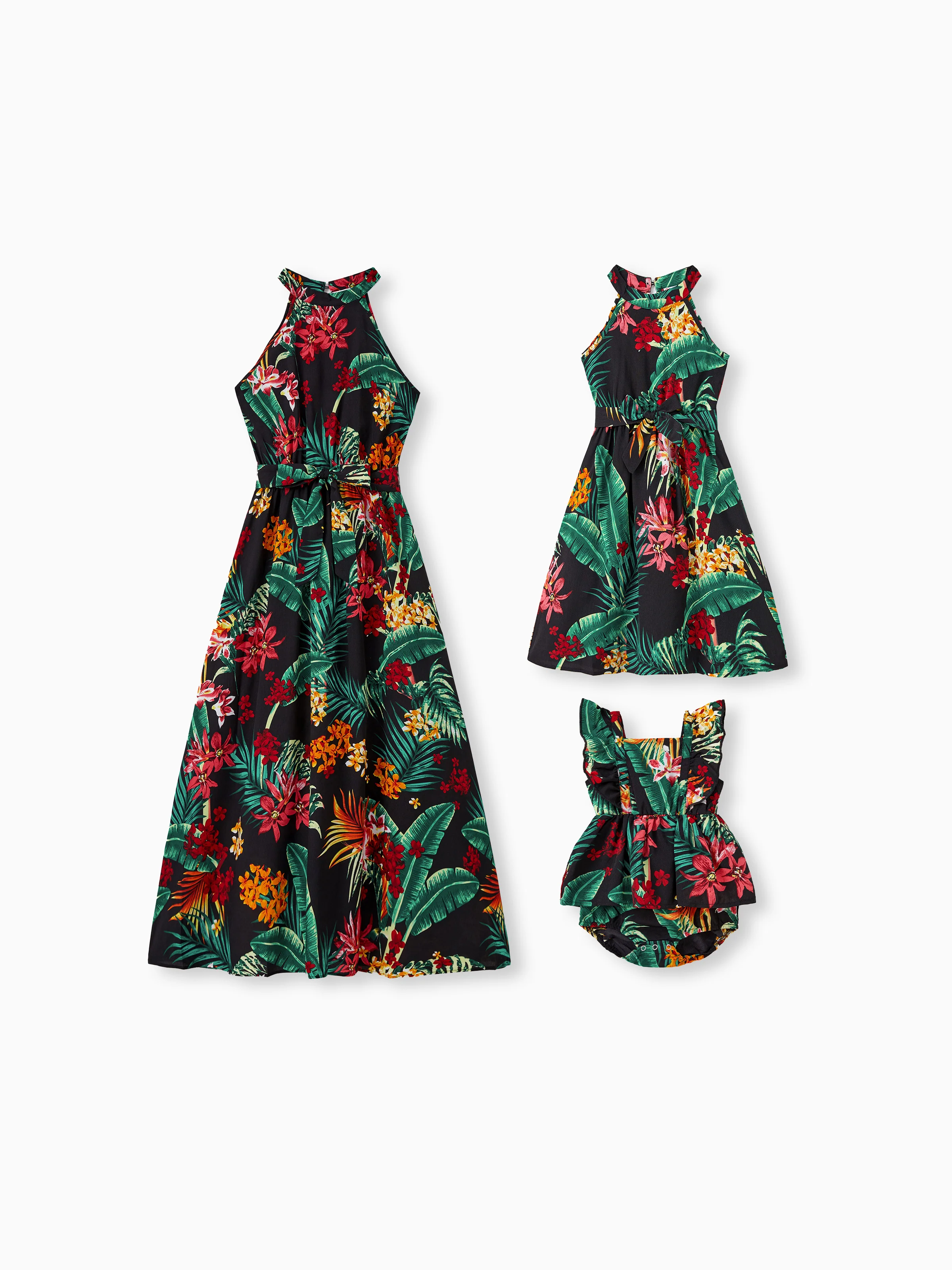 27197-mommy-and-me-family-matching-allover-plant-floral-print-halterneck-dresses-and-short-sleeve-shirts-sets-black-1.webp Mommy and Me Family Matching Allover Plant Floral Print Halterneck Dresses and Short-sleeve Shirts Sets Black