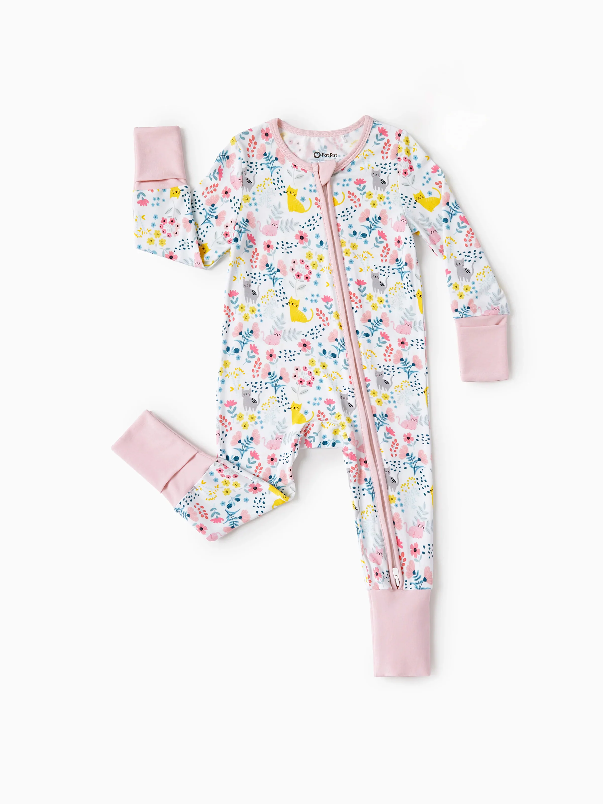 Bamboo Baby Girl Elegant Printed 2-Way Zip Onesies Anti Slip Long-sleeve Footie with Hairband Light Pink