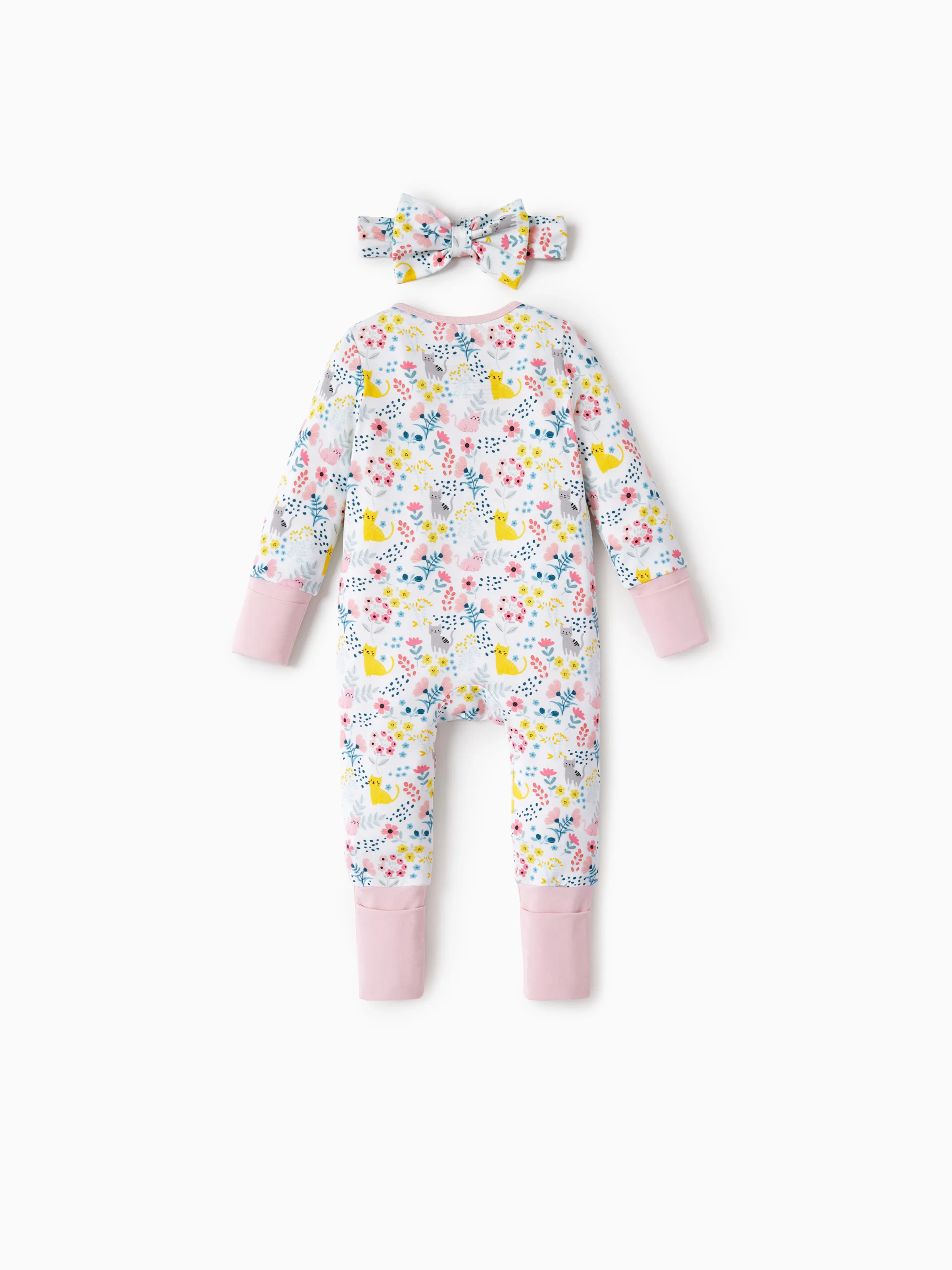 Bamboo Baby Girl Elegant Printed 2-Way Zip Onesies Anti Slip Long-sleeve Footie with Hairband Light Pink