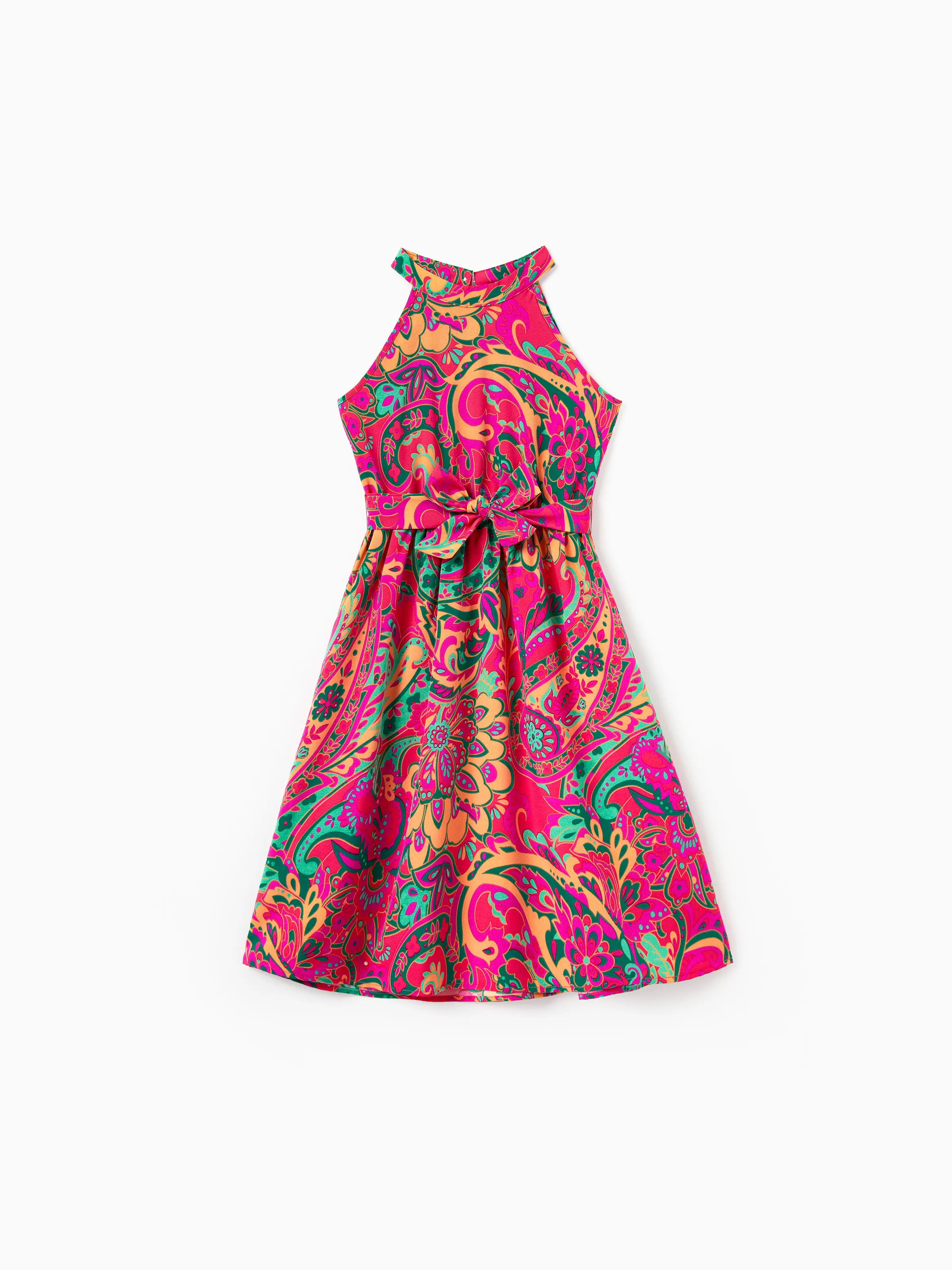 Toddler/Kid Girl Outfit Set Sleeveless Halter Belted Dress for Summer Vacation  Hot Pink