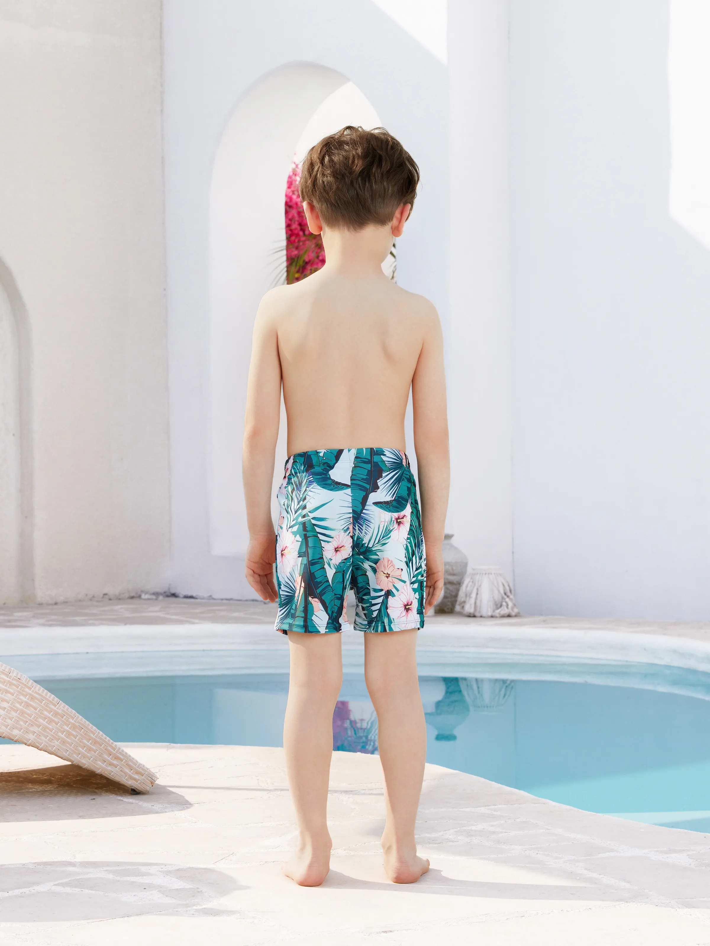 Toddler Boy Plant Print Ruffle Trim Spliced One-piece Swimsuit or Swim Trunks Green