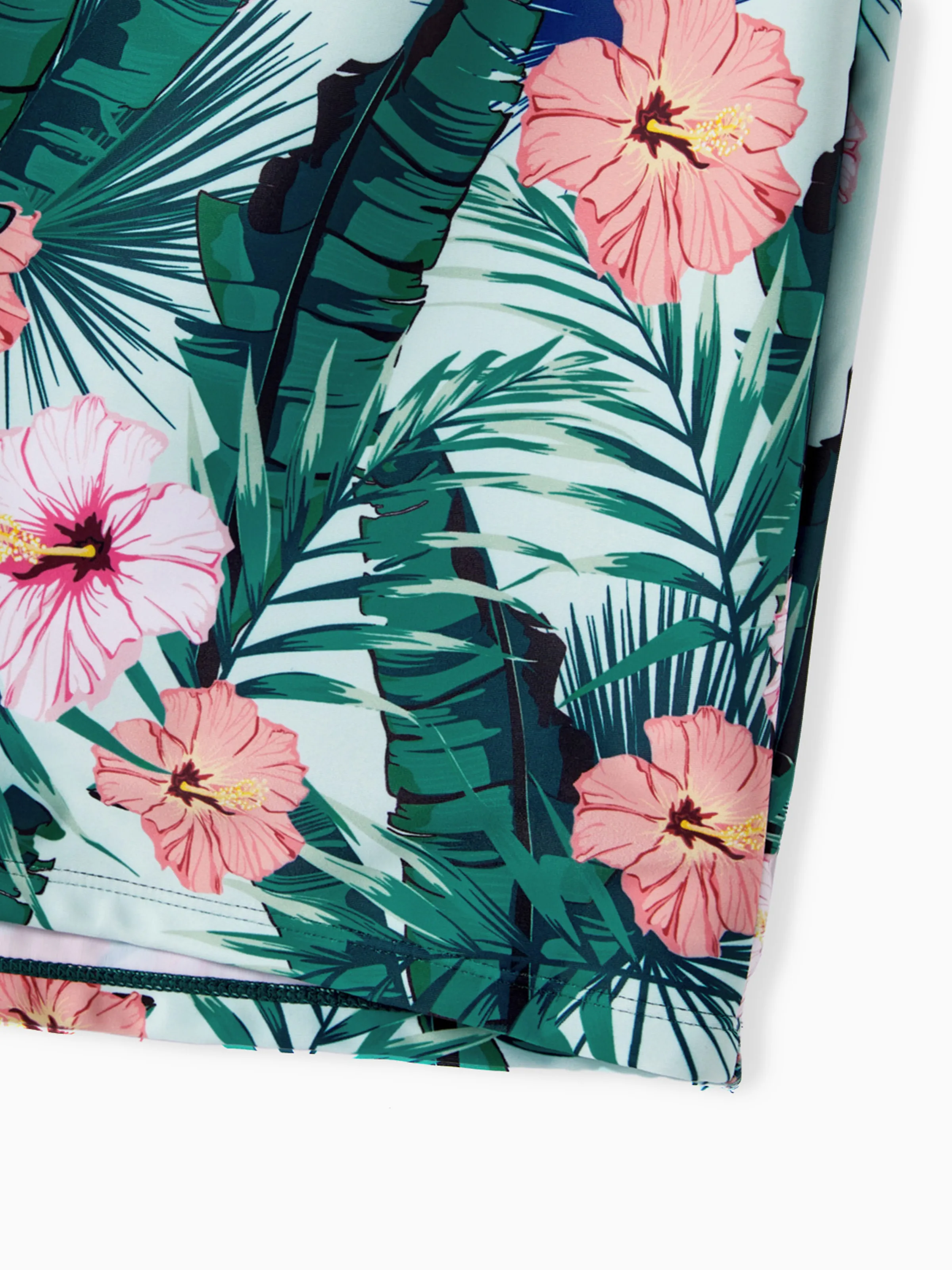 Toddler Boy Plant Print Ruffle Trim Spliced One-piece Swimsuit or Swim Trunks Green