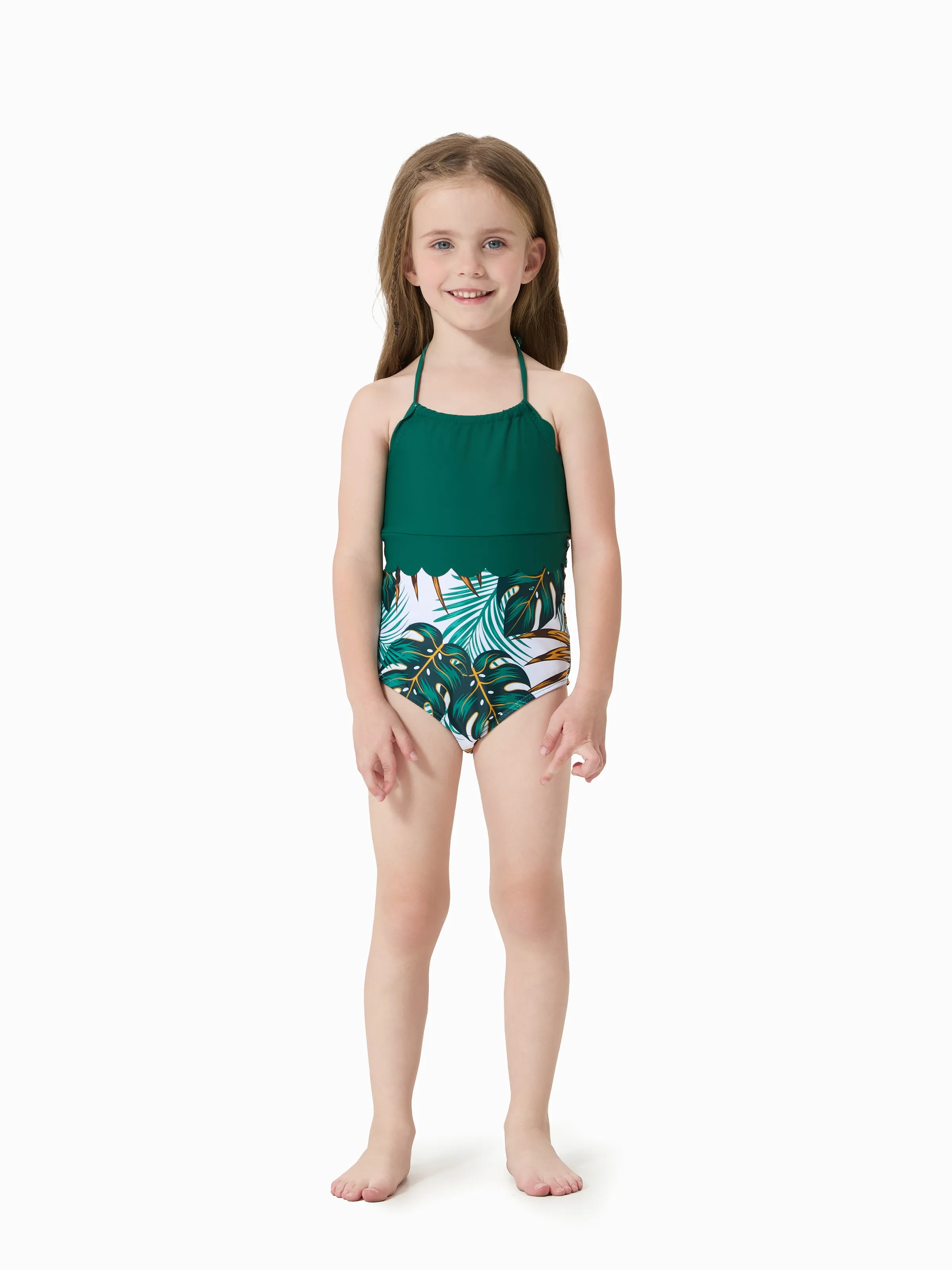 Toddler Girl Allover Plants Print Spaghetti Strap Splicing One-Piece Swimsuit Dark Green