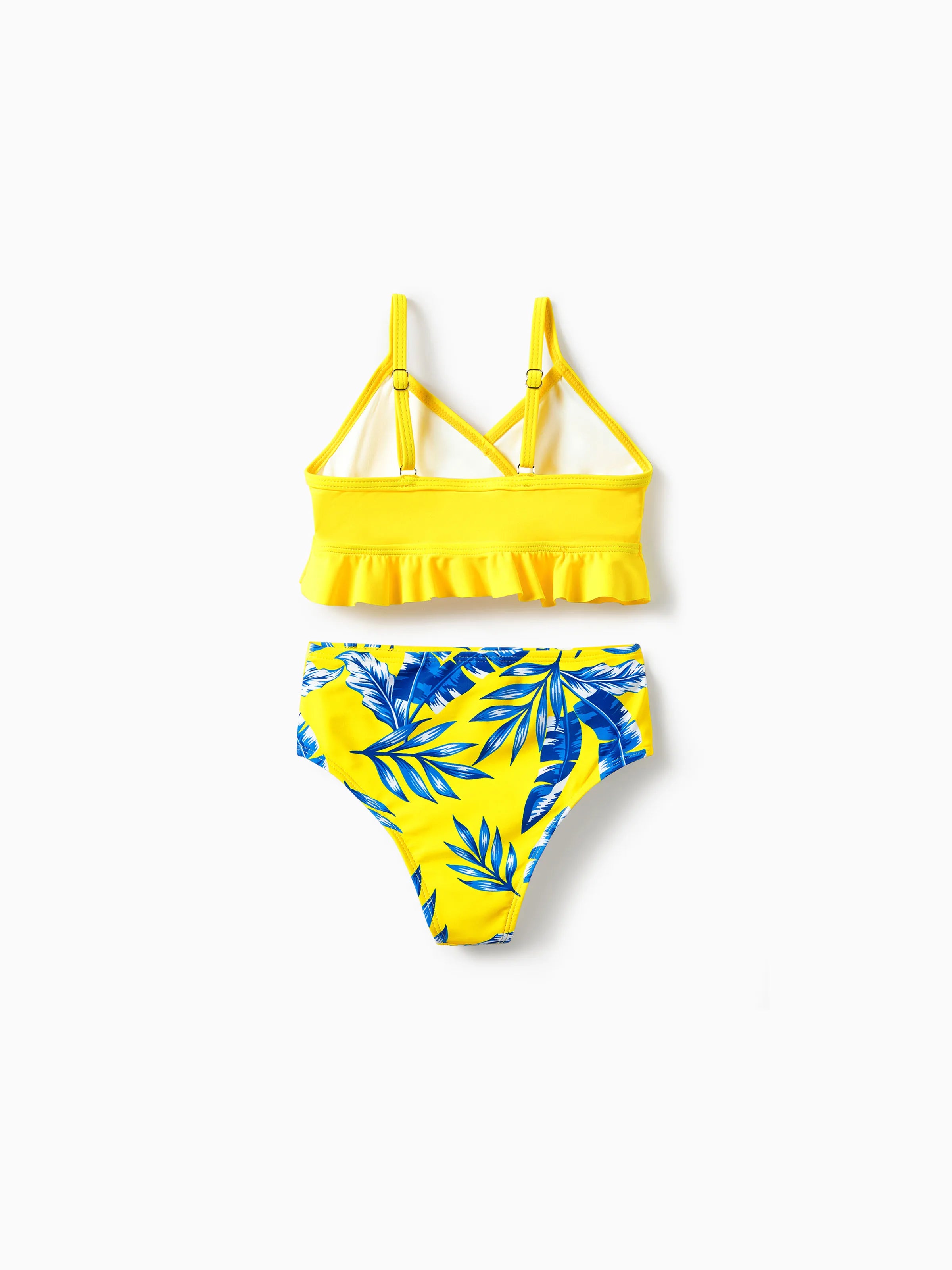 Toddler Girl Yellow Leaf Print Ruched Flutter Sleeve Bikini Yellow